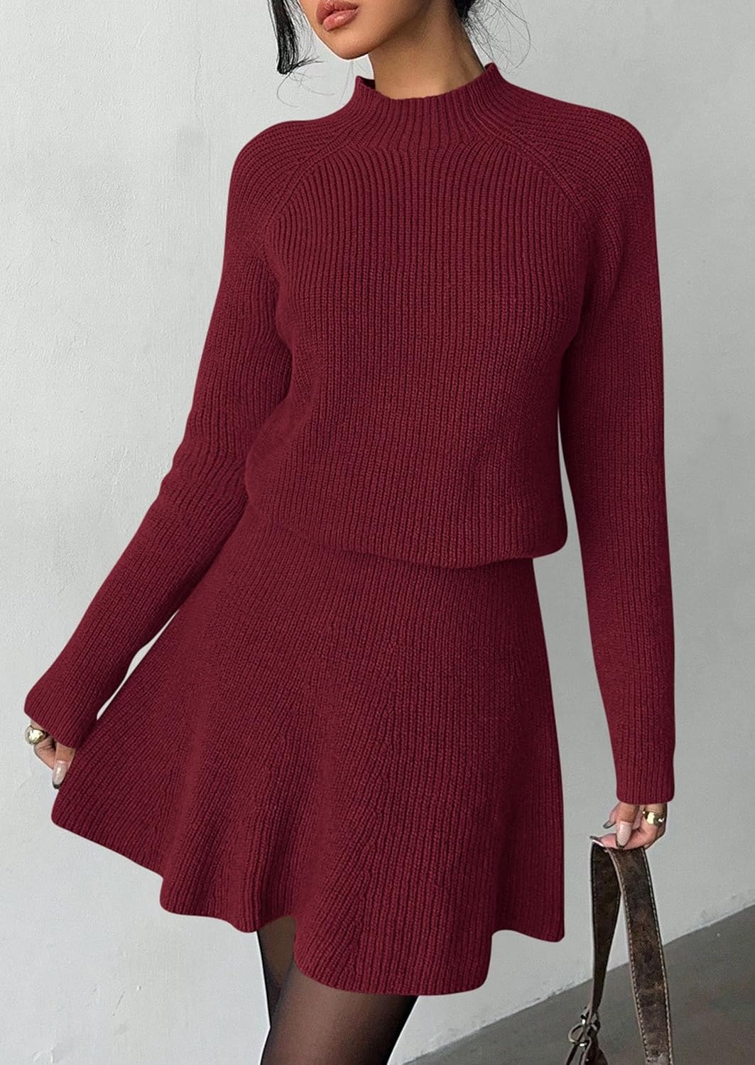 image:imagePRETTYGARDEN Womens Fall 2 Piece Outfits Matching Sweater Skirt SetsBurgundy