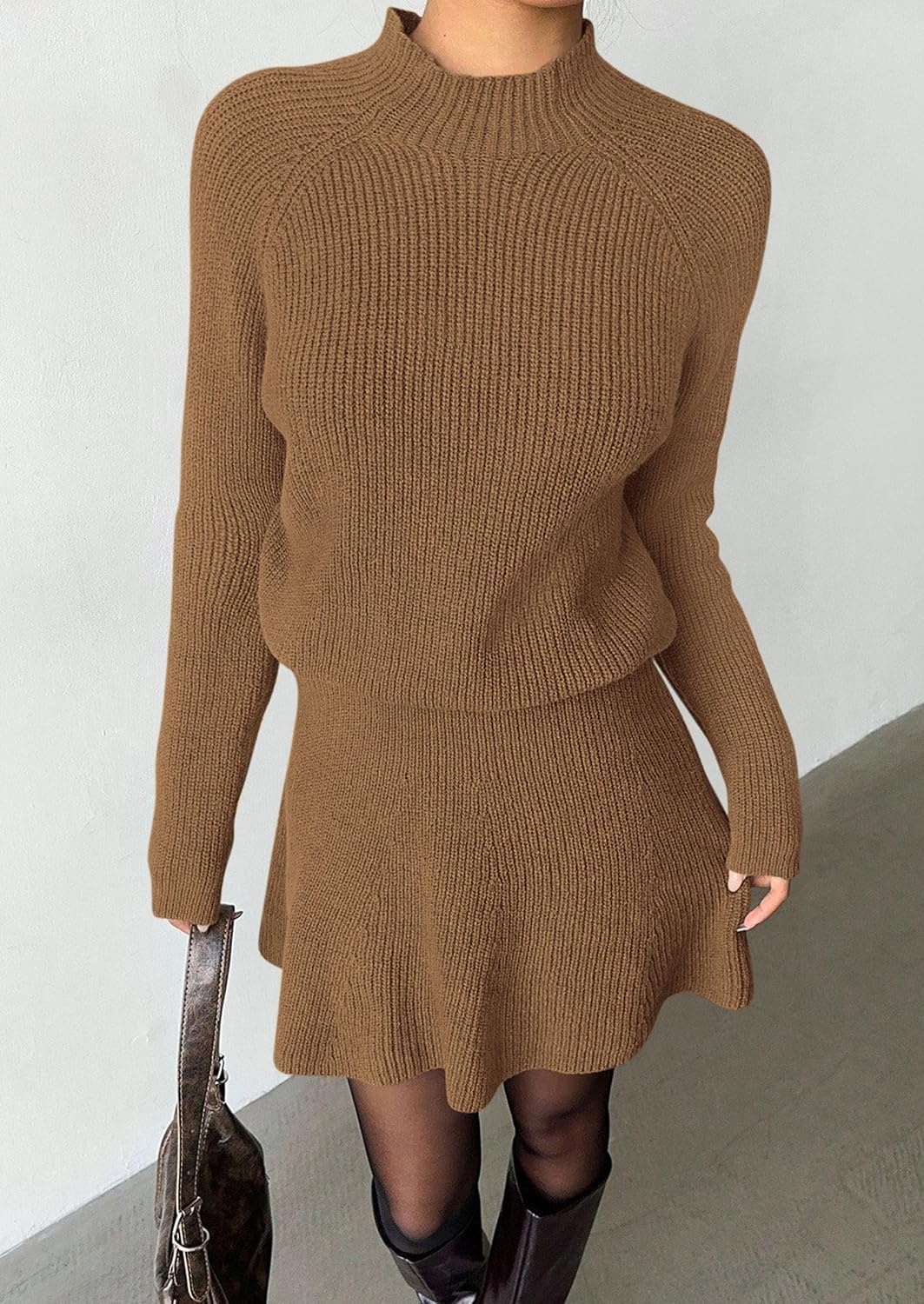 image:imagePRETTYGARDEN Womens Fall 2 Piece Outfits Matching Sweater Skirt SetsKhaki