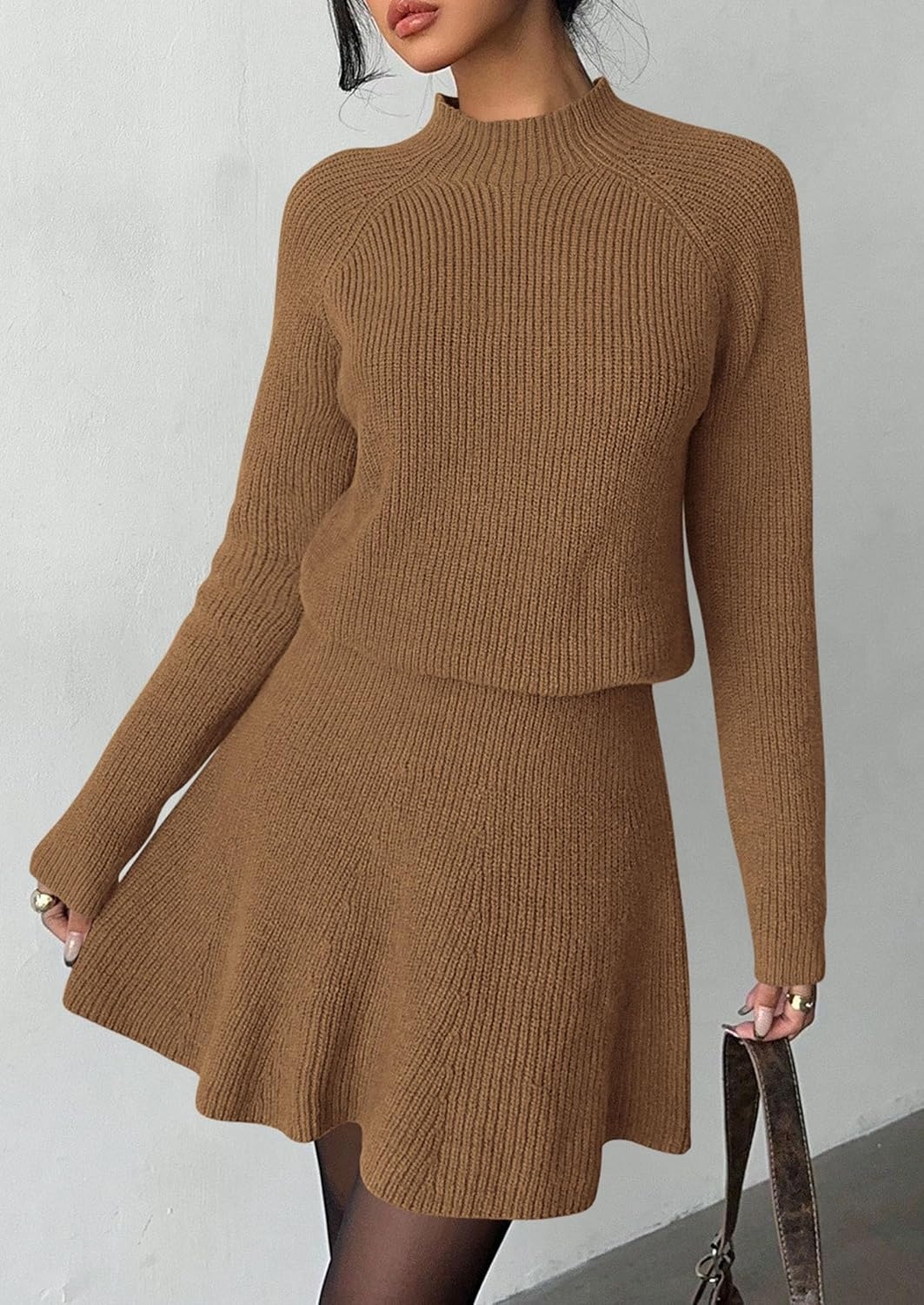 image:imagePRETTYGARDEN Womens Fall 2 Piece Outfits Matching Sweater Skirt SetsKhaki