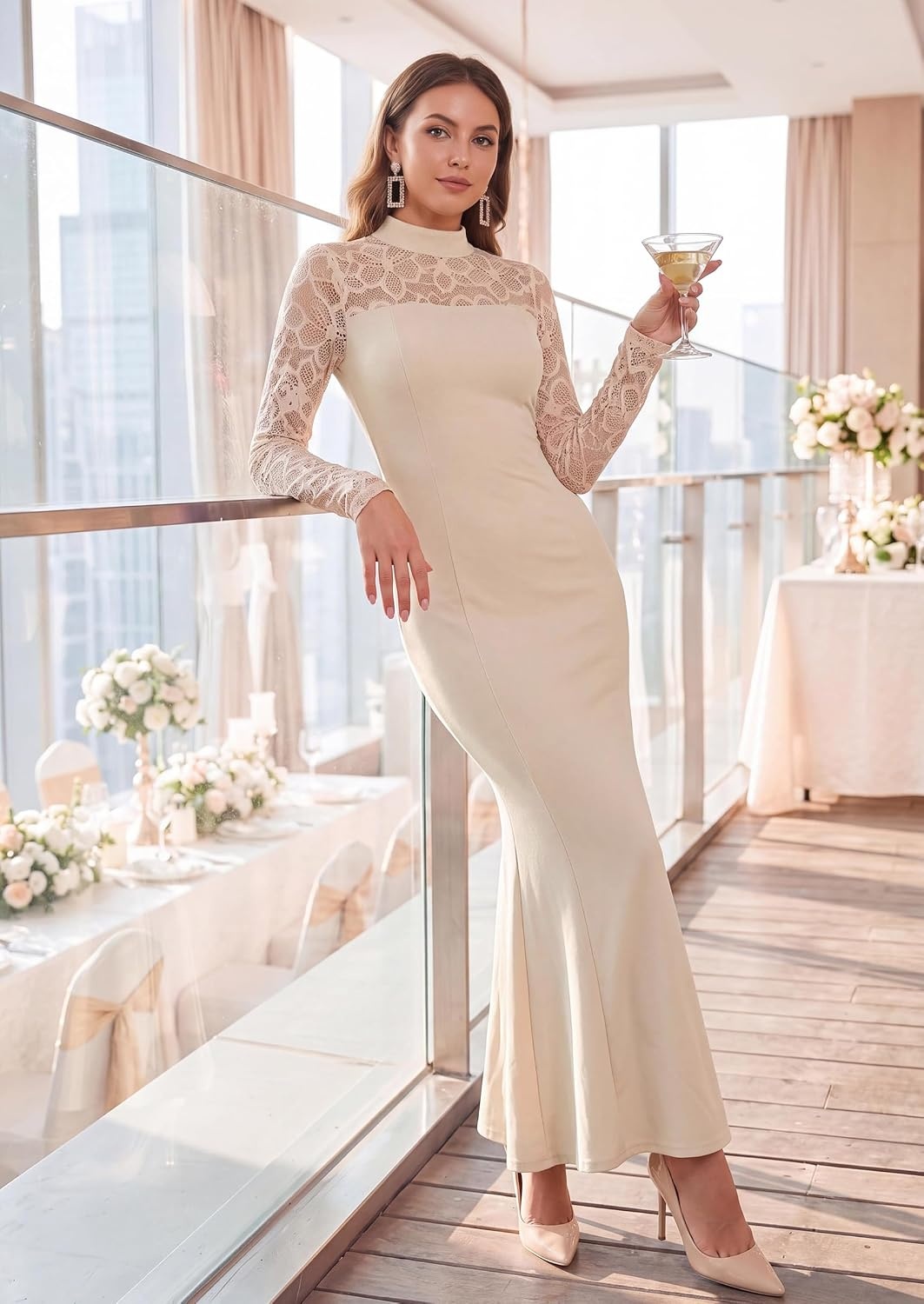 image:imagePRETTYGARDEN Womens Fall Lace Sheer Dress Bodycon Maxi Cocktail DressesBeige
