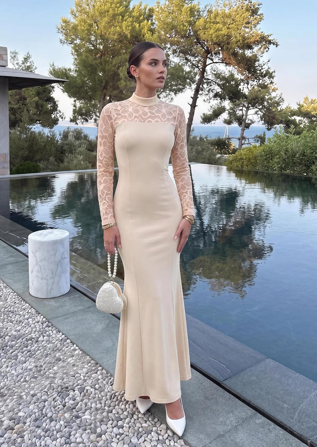 image:imagePRETTYGARDEN Womens Fall Lace Sheer Dress Bodycon Maxi Cocktail DressesBeige