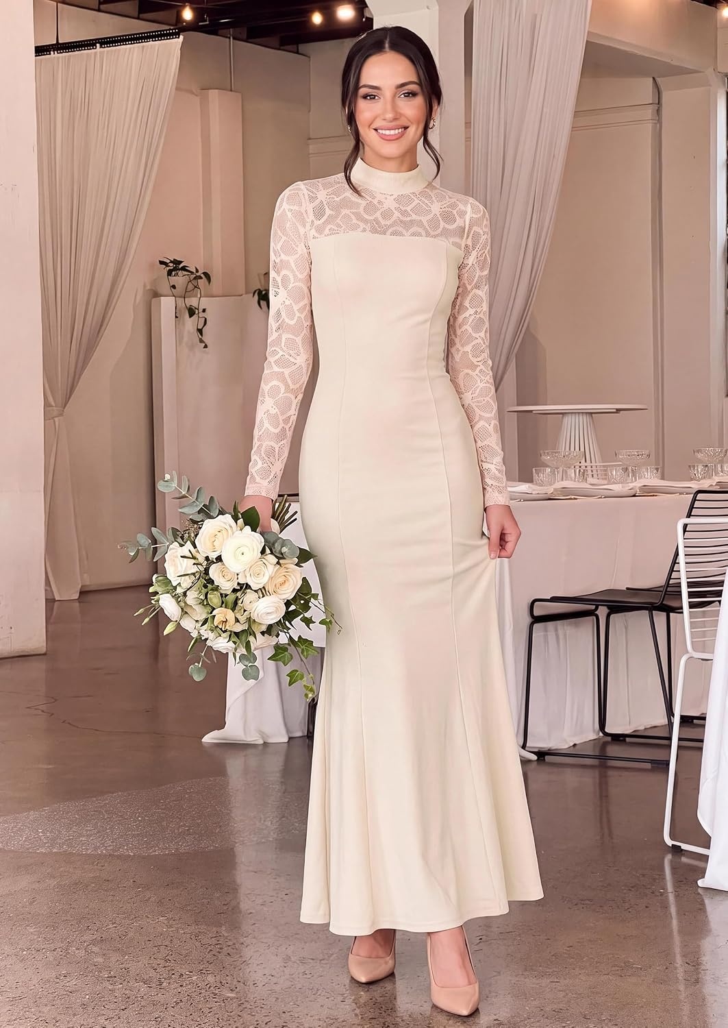 image:imagePRETTYGARDEN Womens Fall Lace Sheer Dress Bodycon Maxi Cocktail DressesBeige