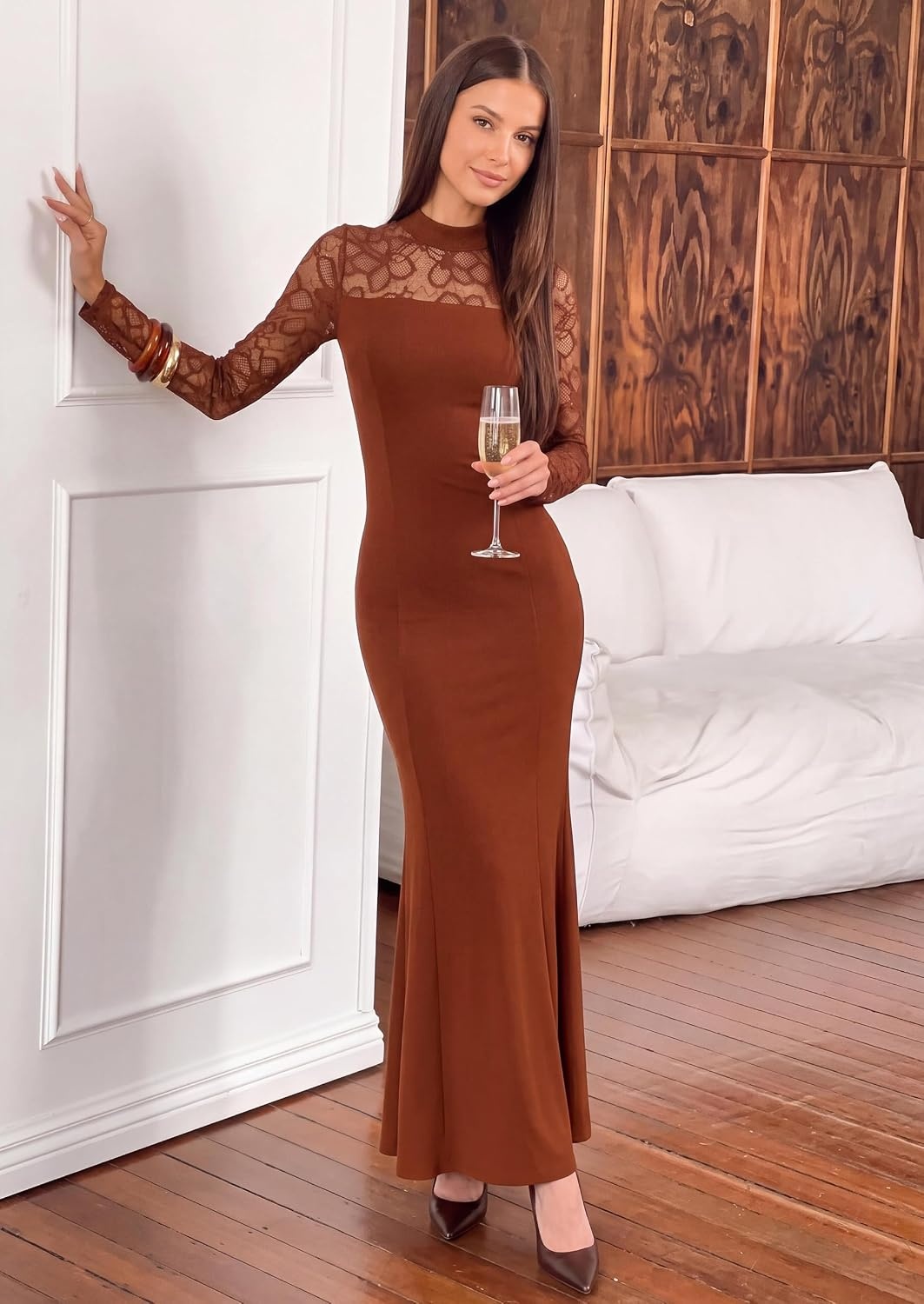 image:imagePRETTYGARDEN Womens Fall Lace Sheer Dress Bodycon Maxi Cocktail DressesBrown