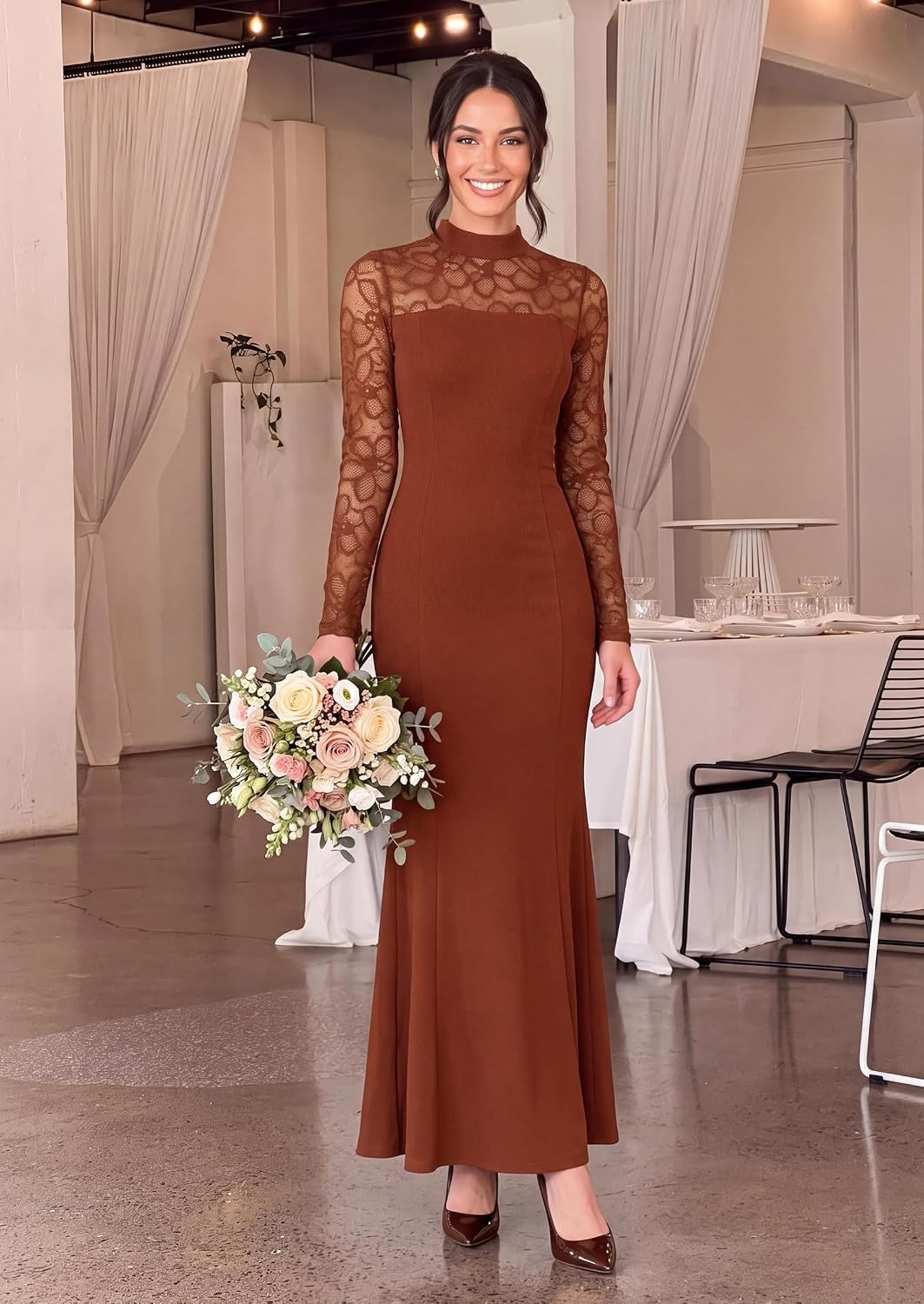 image:imagePRETTYGARDEN Womens Fall Lace Sheer Dress Bodycon Maxi Cocktail DressesBrown