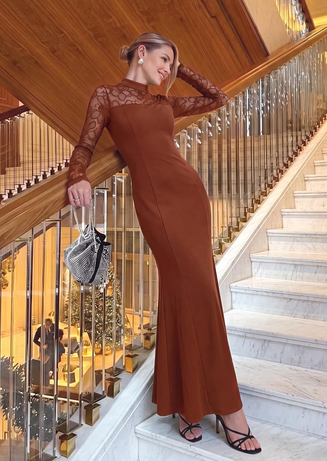 image:imagePRETTYGARDEN Womens Fall Lace Sheer Dress Bodycon Maxi Cocktail DressesBrown