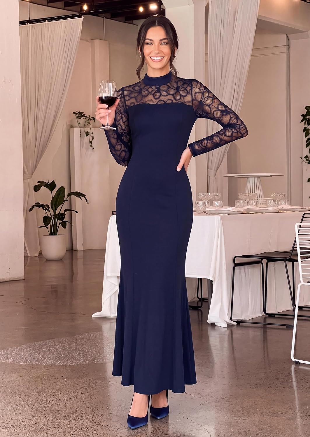 image:imagePRETTYGARDEN Womens Fall Lace Sheer Dress Bodycon Maxi Cocktail DressesNavy Blue