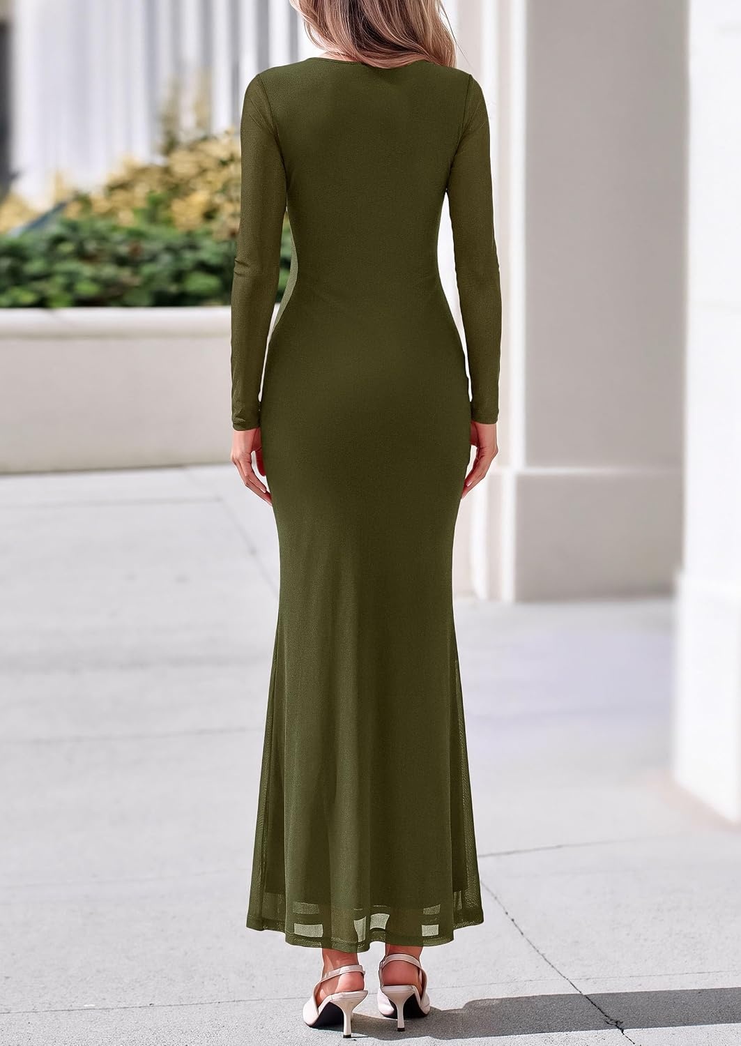 image:imagePRETTYGARDEN Womens Fall Long Sleeve Bodycon Tie Waist Mesh Maxi DressesArmy Green