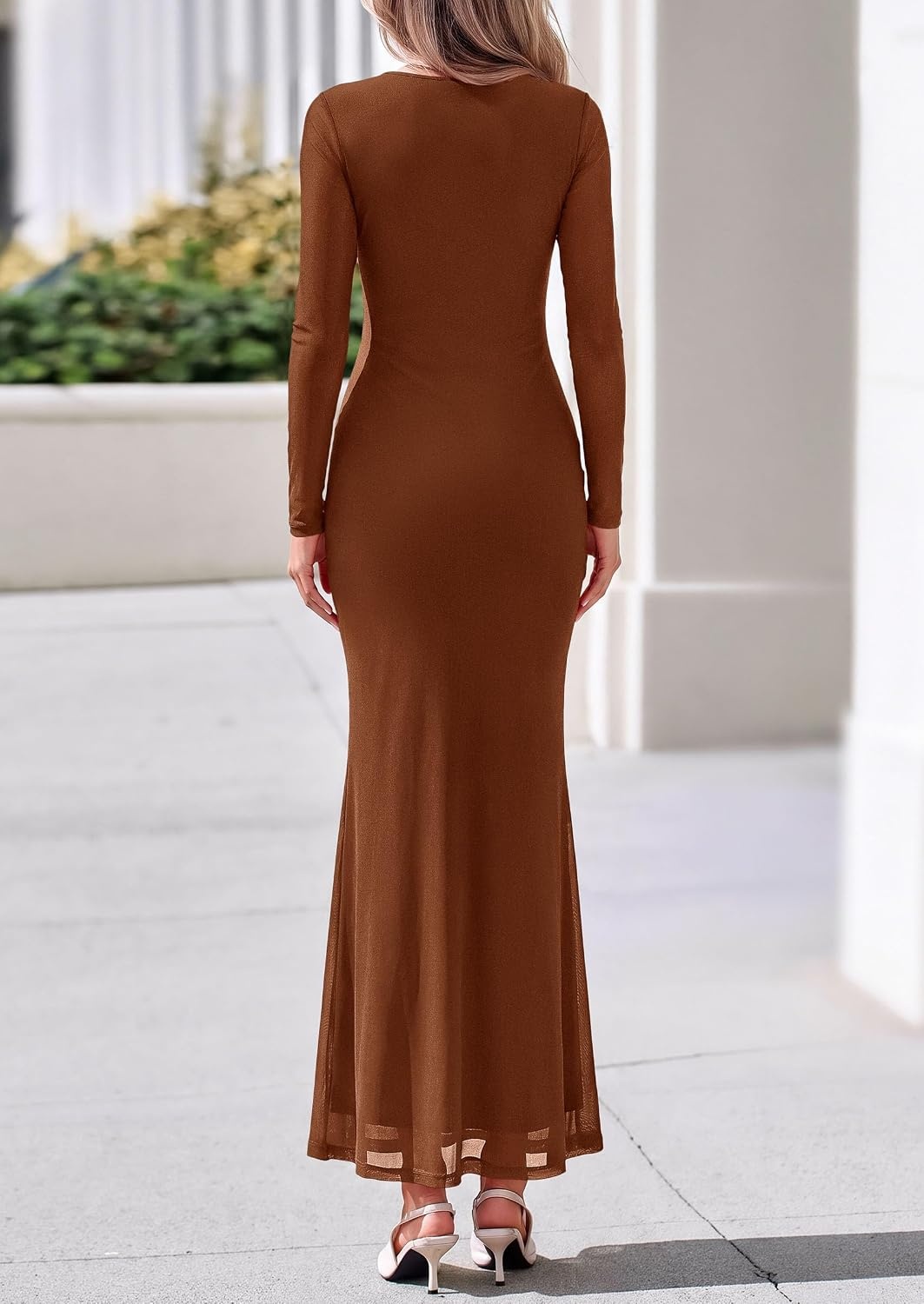 image:imagePRETTYGARDEN Womens Fall Long Sleeve Bodycon Tie Waist Mesh Maxi DressesBrown