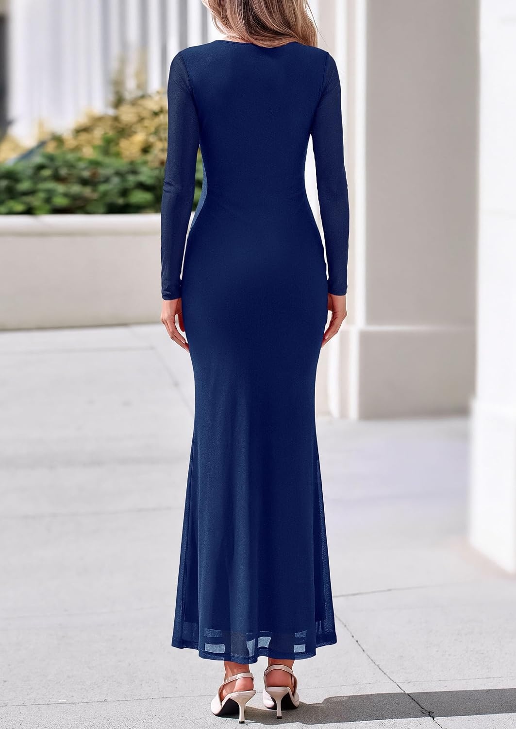 image:imagePRETTYGARDEN Womens Fall Long Sleeve Bodycon Tie Waist Mesh Maxi DressesNavy Blue