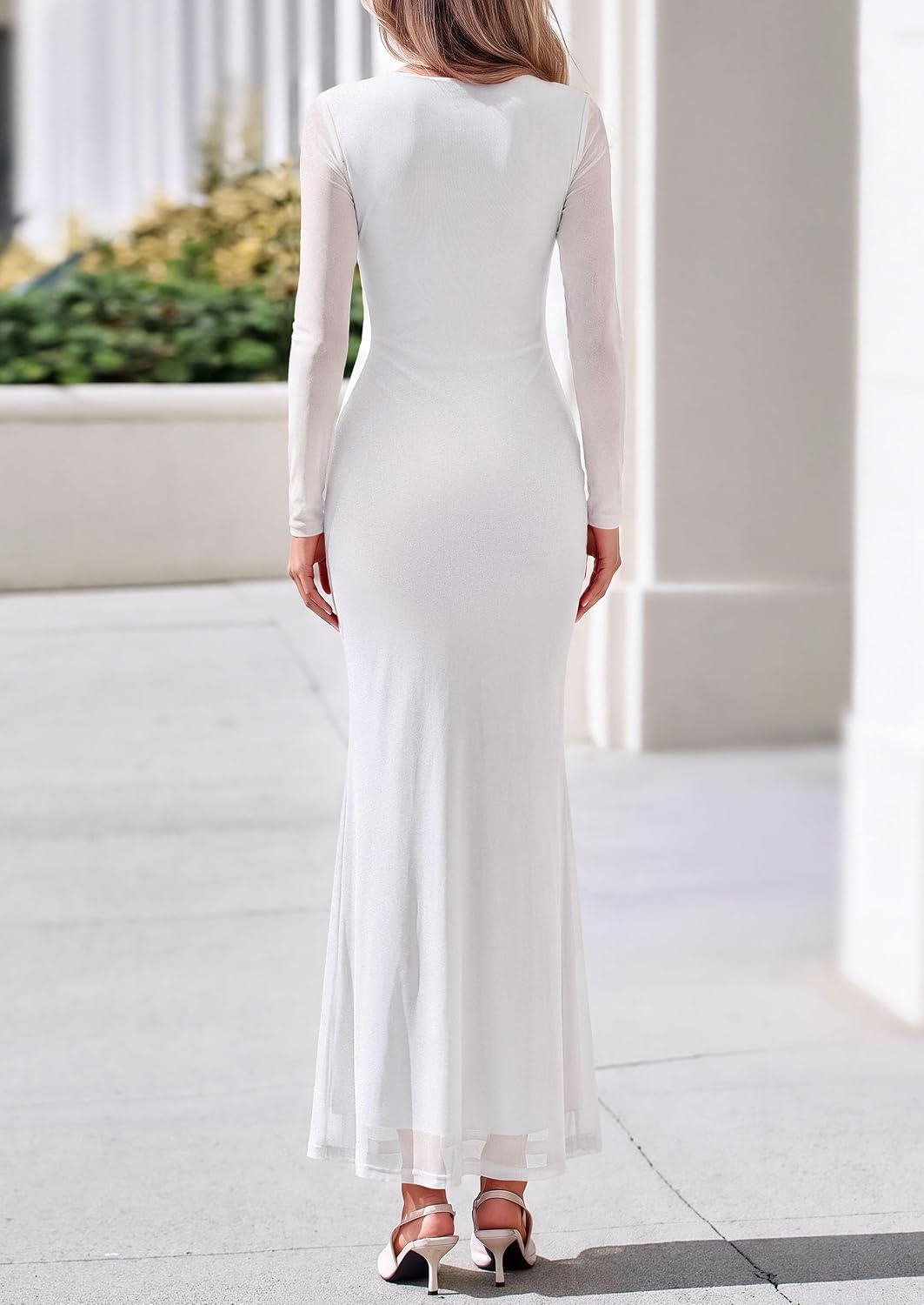 image:imagePRETTYGARDEN Womens Fall Long Sleeve Bodycon Tie Waist Mesh Maxi DressesWhite