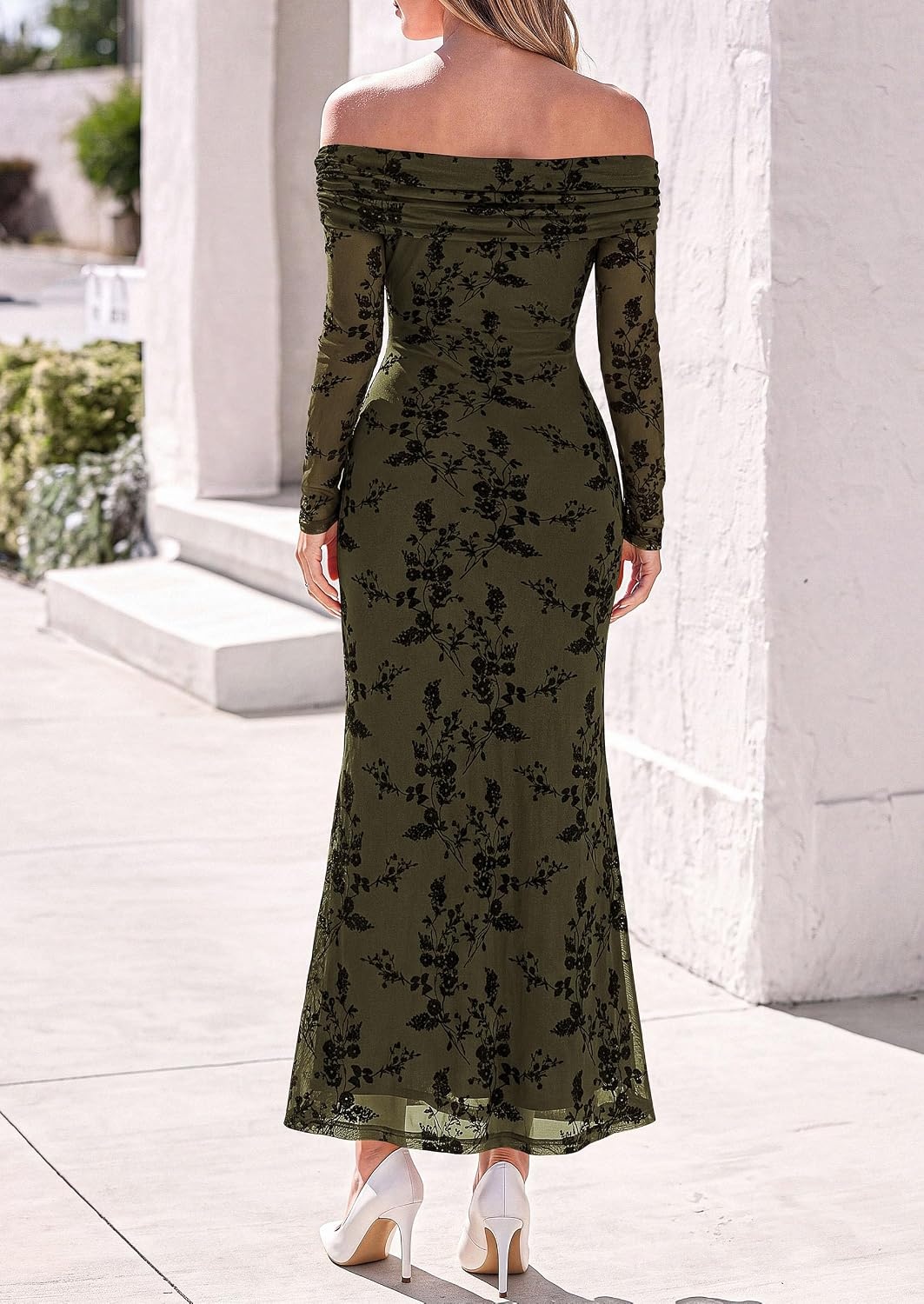 image:imagePRETTYGARDEN Womens Fall Off Shoulder Floral Maxi Wedding Guest DressArmy Green
