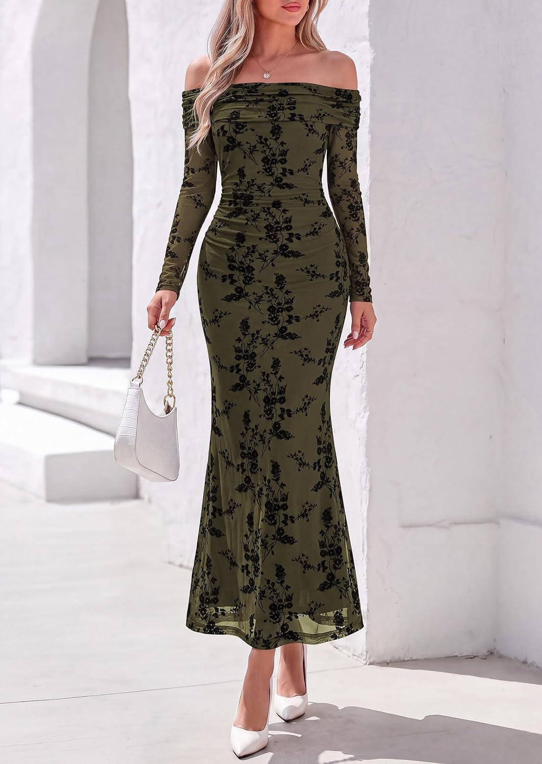 image:imagePRETTYGARDEN Womens Fall Off Shoulder Floral Maxi Wedding Guest DressArmy Green