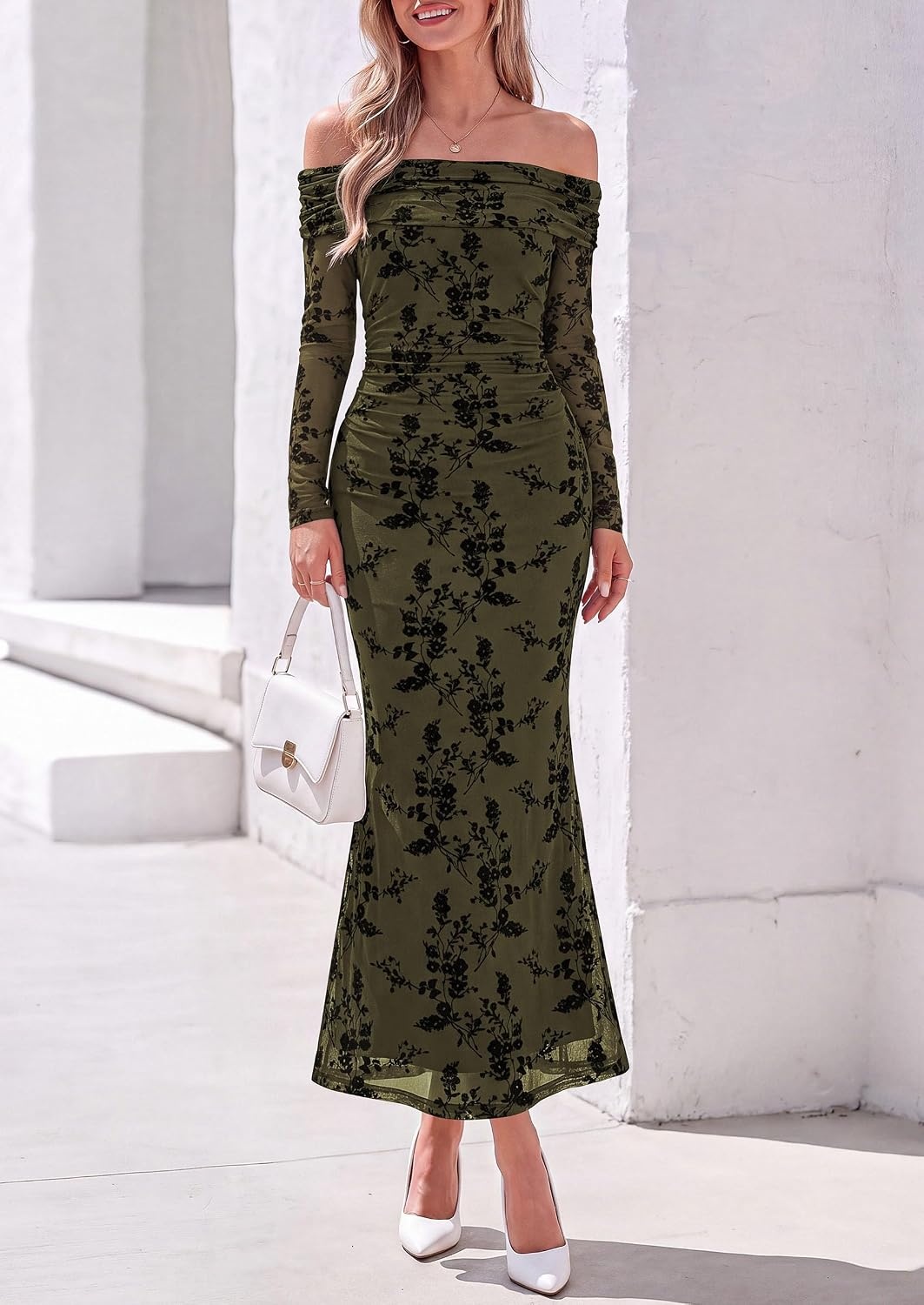 image:imagePRETTYGARDEN Womens Fall Off Shoulder Floral Maxi Wedding Guest DressArmy Green