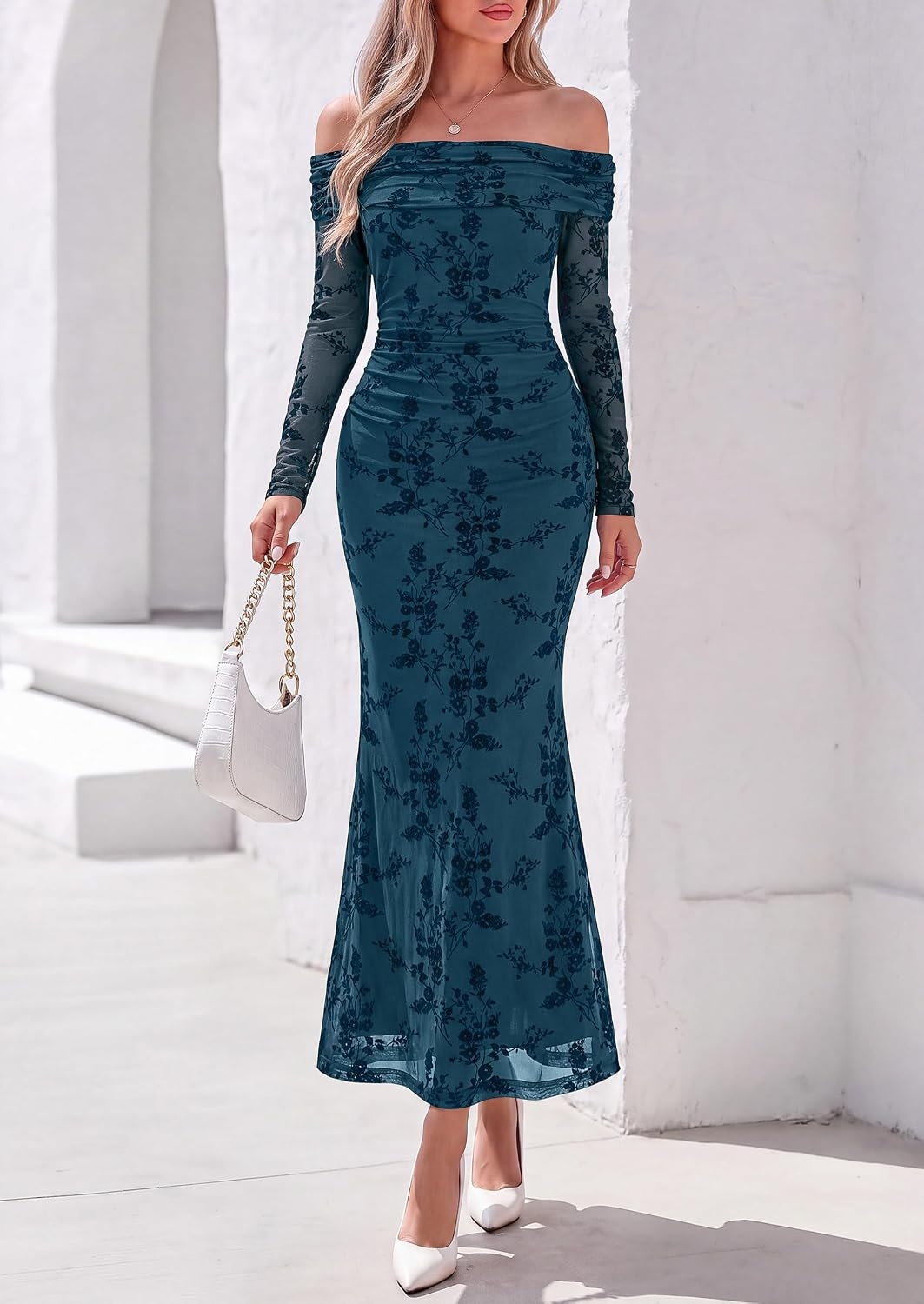 image:imagePRETTYGARDEN Womens Fall Off Shoulder Floral Maxi Wedding Guest DressLake Blue