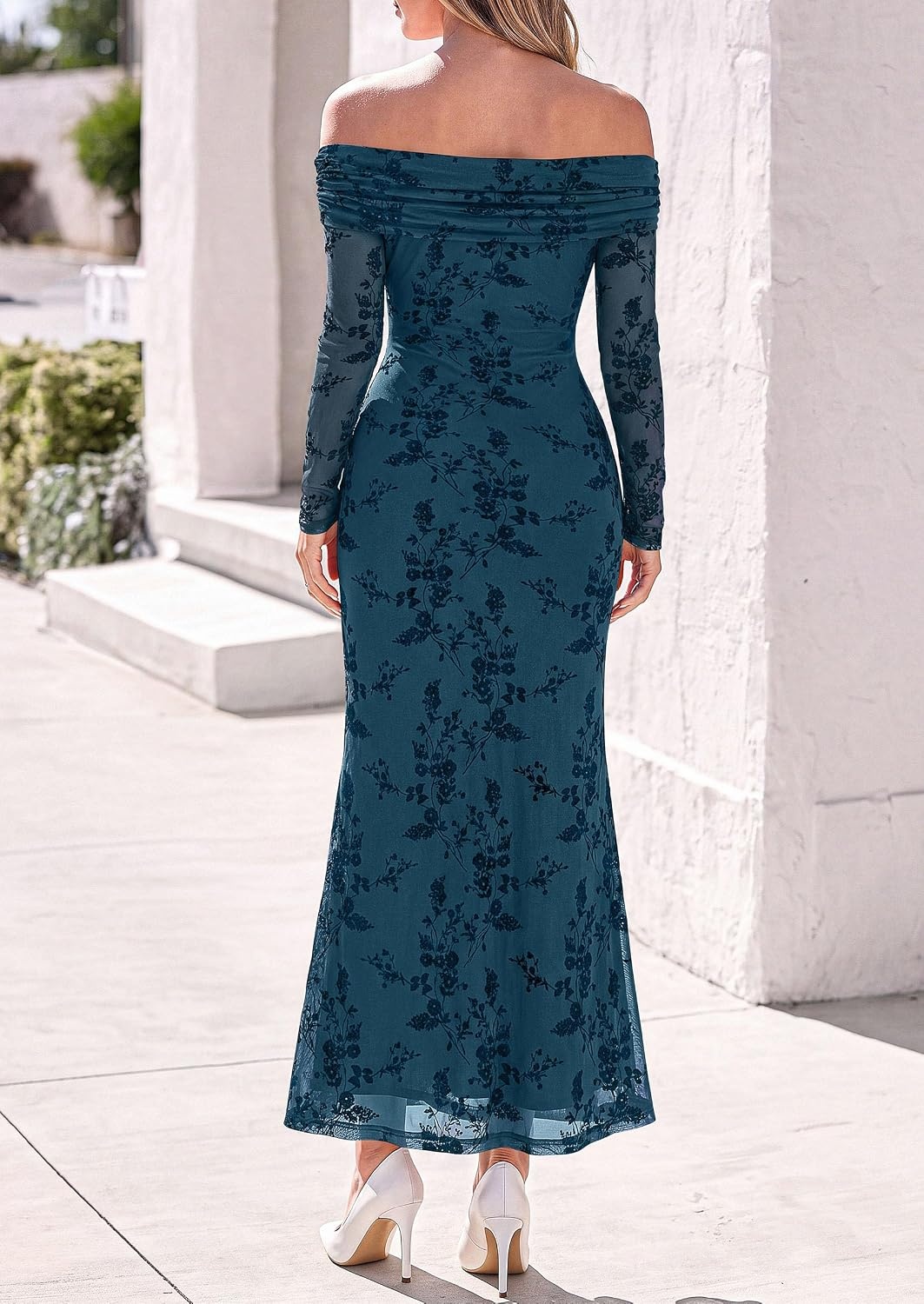 image:imagePRETTYGARDEN Womens Fall Off Shoulder Floral Maxi Wedding Guest DressLake Blue