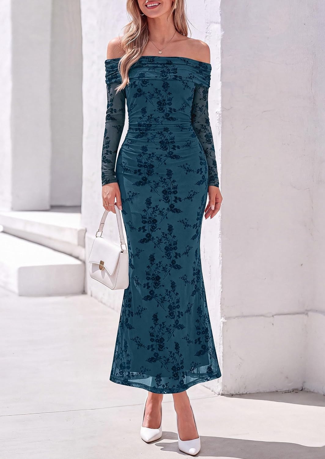 image:imagePRETTYGARDEN Womens Fall Off Shoulder Floral Maxi Wedding Guest DressLake Blue