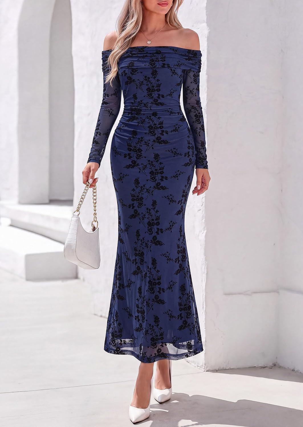 image:imagePRETTYGARDEN Womens Fall Off Shoulder Floral Maxi Wedding Guest DressNavy Blue