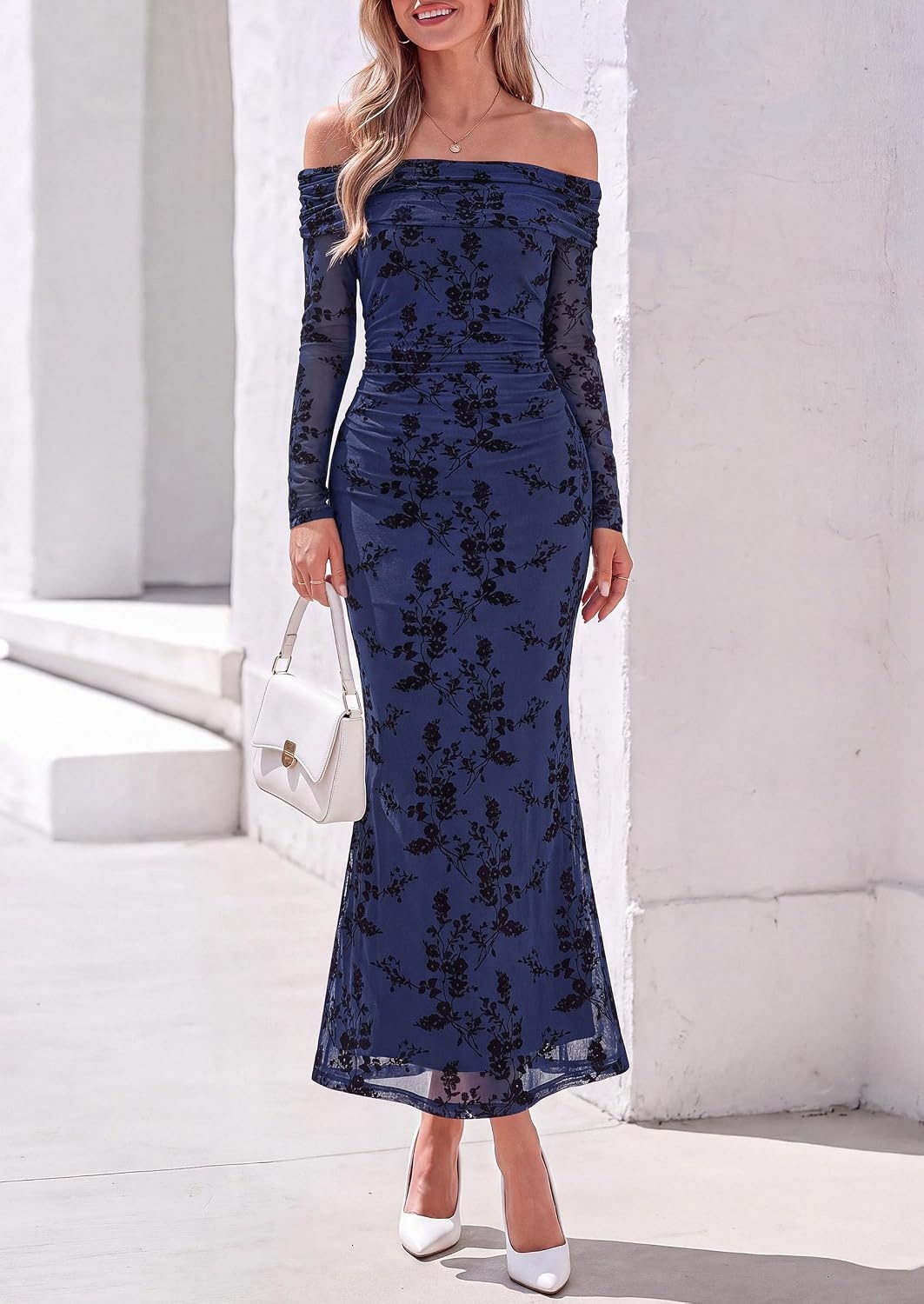 image:imagePRETTYGARDEN Womens Fall Off Shoulder Floral Maxi Wedding Guest DressNavy Blue