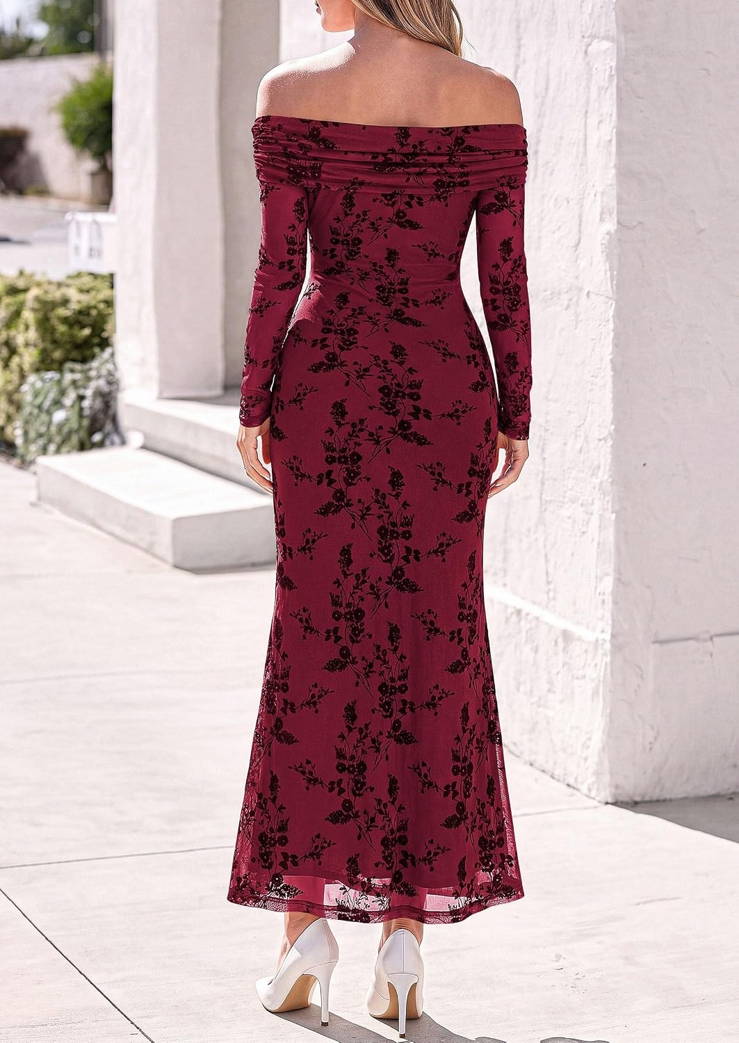 image:imagePRETTYGARDEN Womens Fall Off Shoulder Floral Maxi Wedding Guest DressWine Red