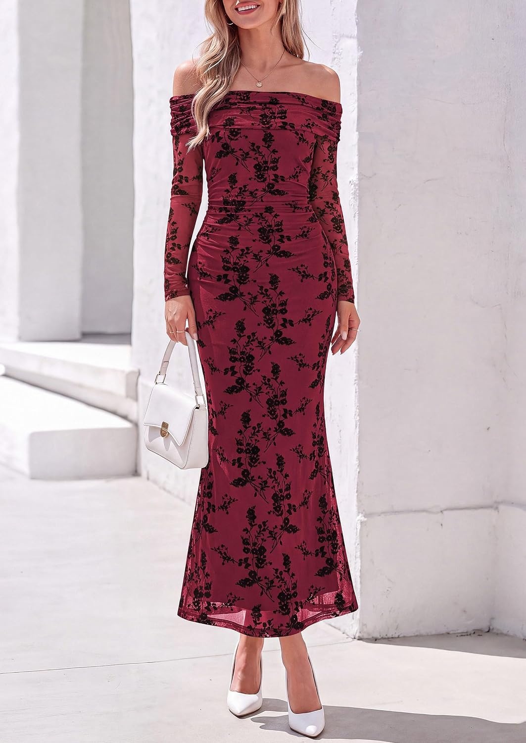 image:imagePRETTYGARDEN Womens Fall Off Shoulder Floral Maxi Wedding Guest DressWine Red