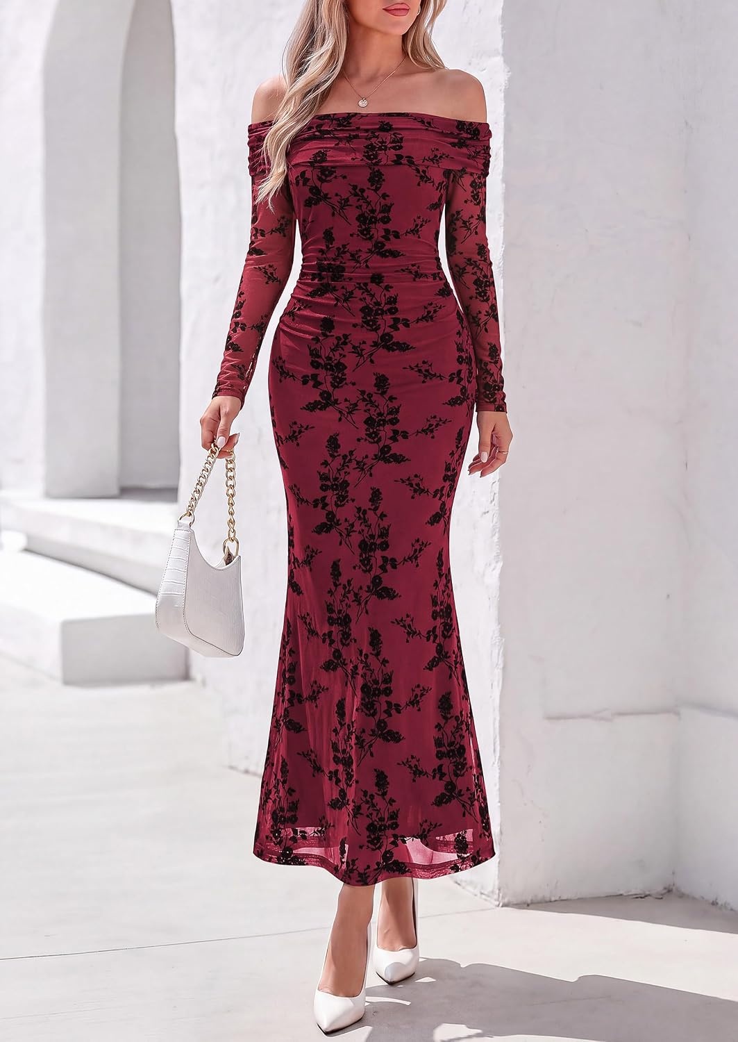 image:imagePRETTYGARDEN Womens Fall Off Shoulder Floral Maxi Wedding Guest DressWine Red