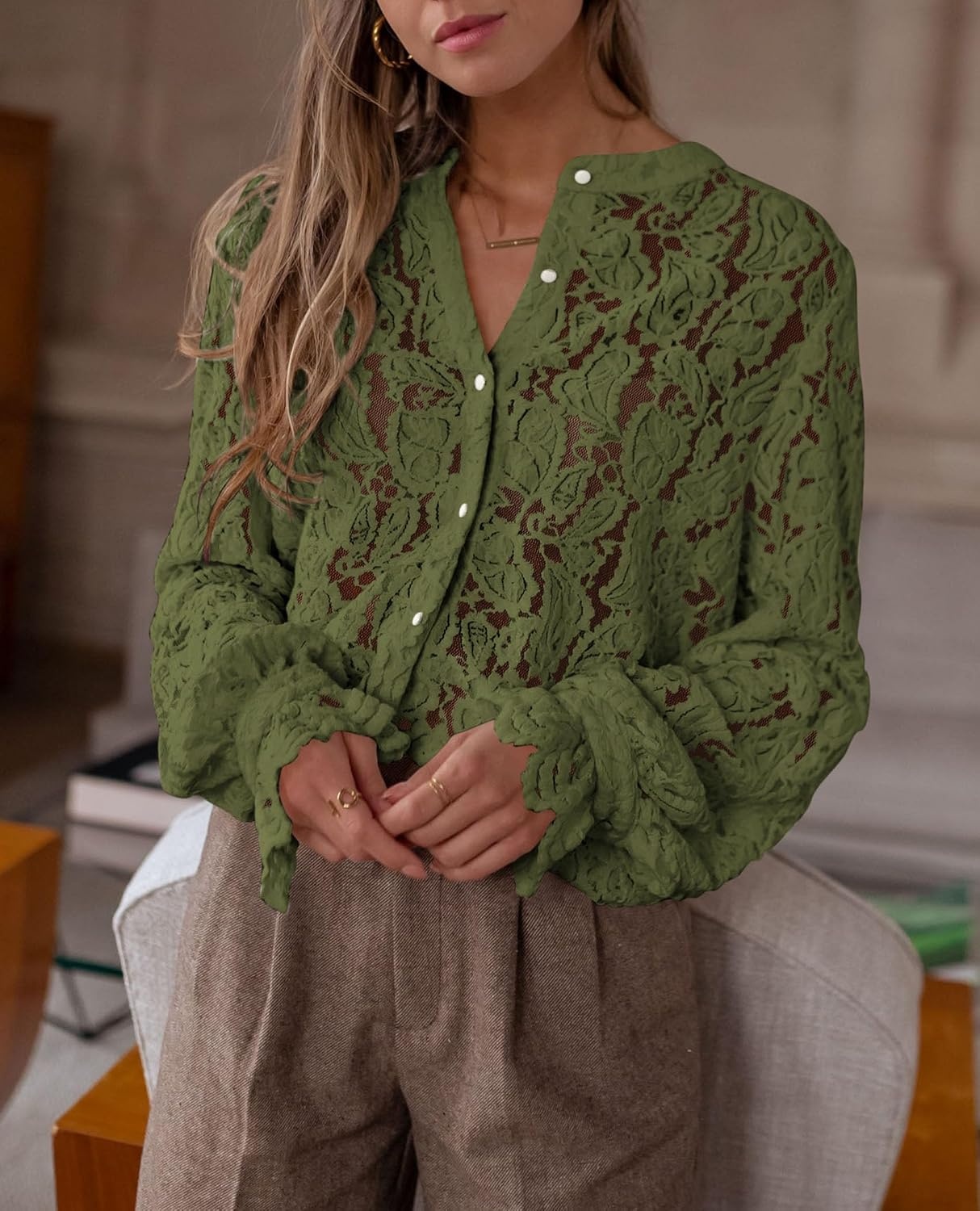 image:imagePRETTYGARDEN Womens Fall Trendy Long Sleeve Lace TopsArmy Green