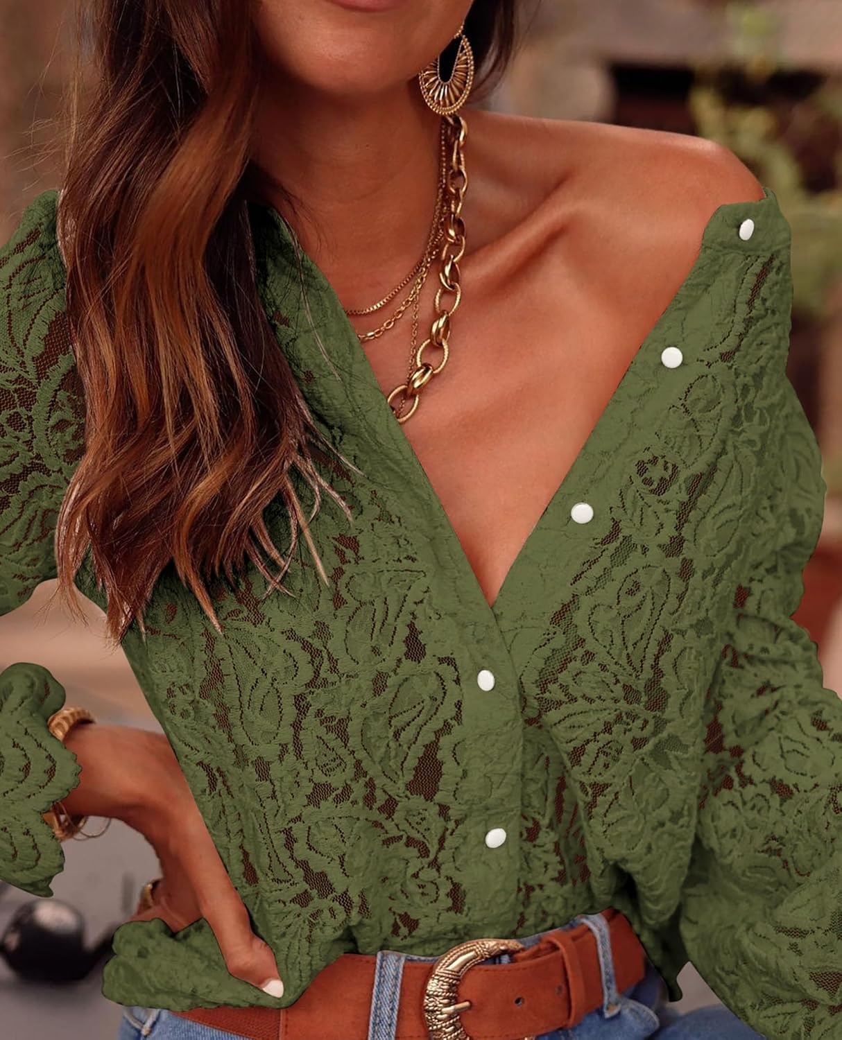 image:imagePRETTYGARDEN Womens Fall Trendy Long Sleeve Lace TopsArmy Green