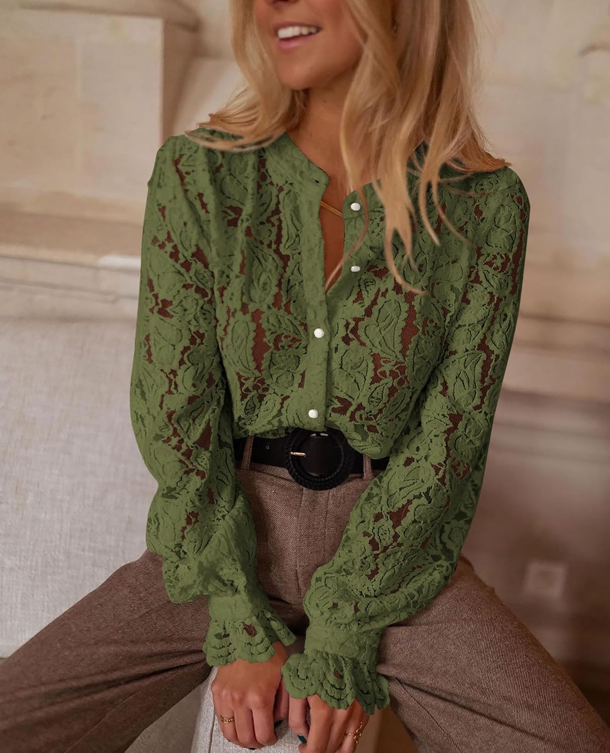 image:imagePRETTYGARDEN Womens Fall Trendy Long Sleeve Lace TopsArmy Green