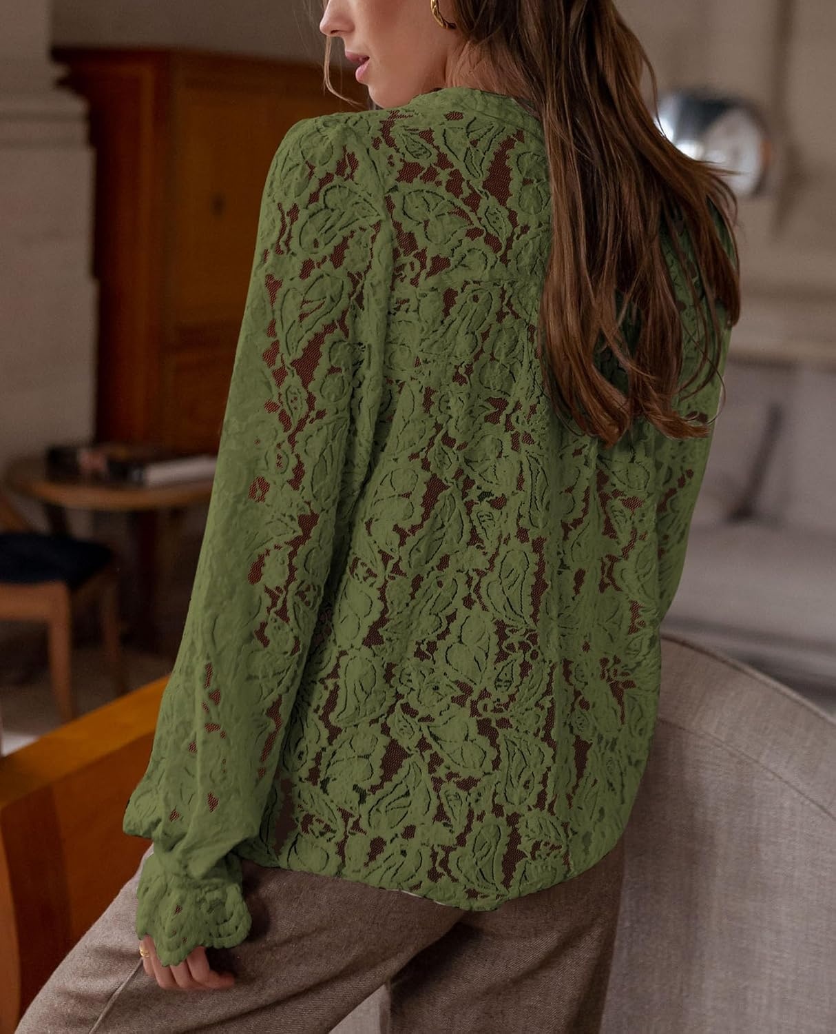 image:imagePRETTYGARDEN Womens Fall Trendy Long Sleeve Lace TopsArmy Green