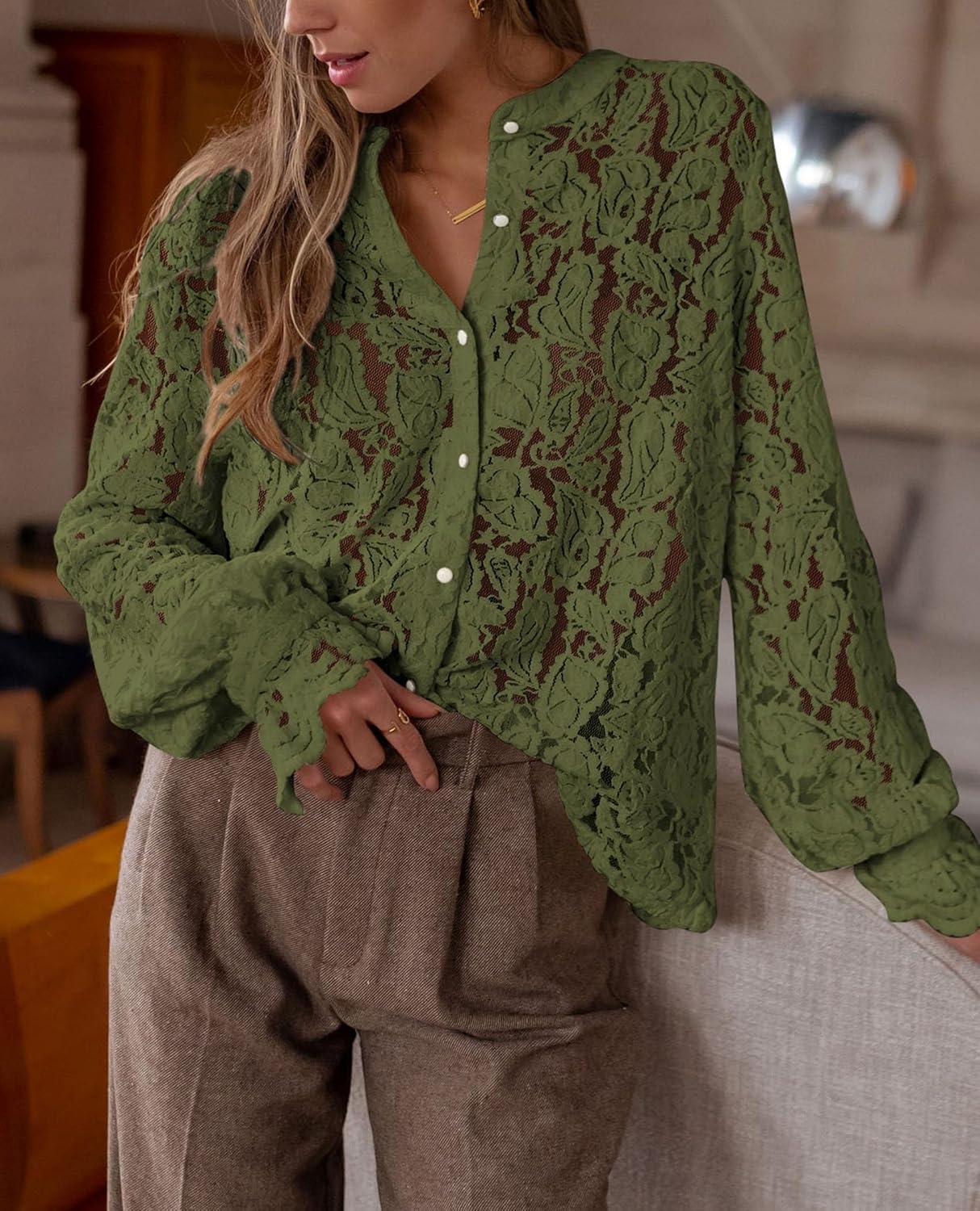 image:imagePRETTYGARDEN Womens Fall Trendy Long Sleeve Lace TopsArmy Green