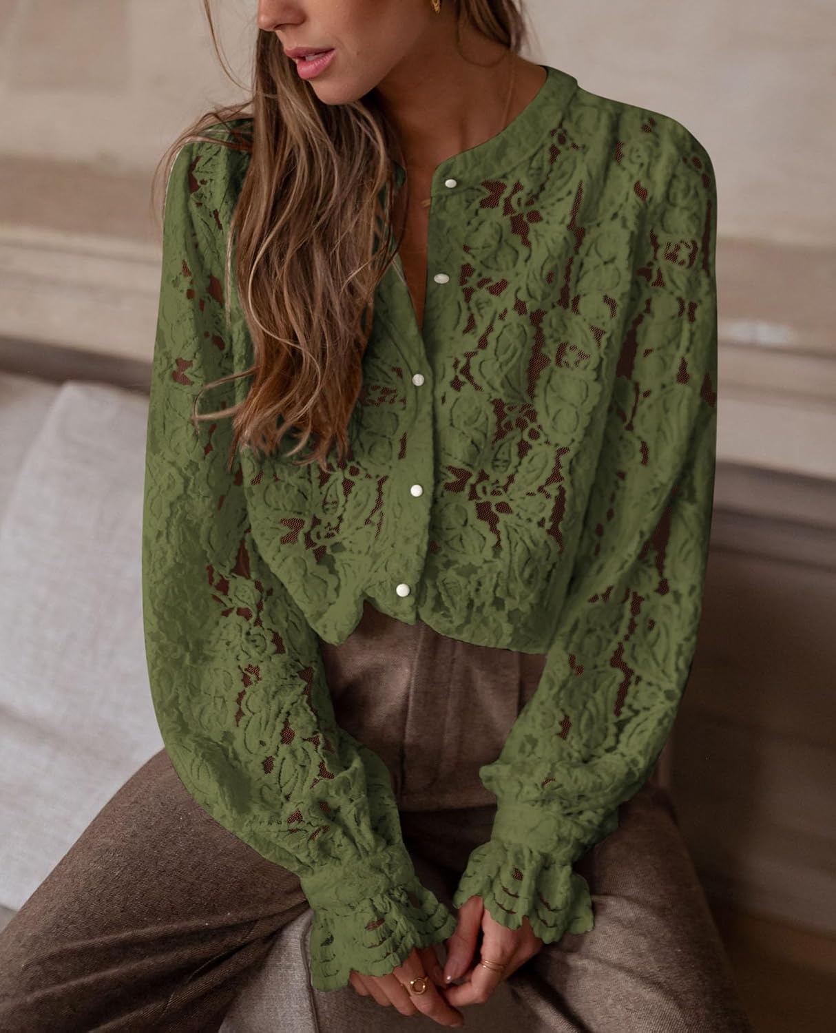 image:imagePRETTYGARDEN Womens Fall Trendy Long Sleeve Lace TopsArmy Green