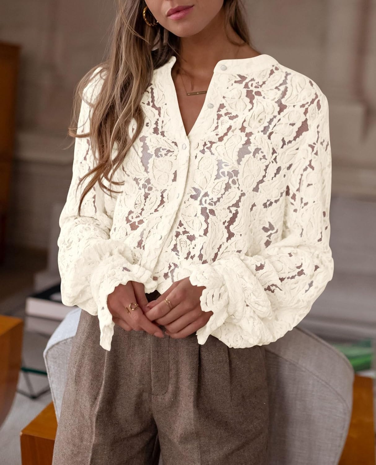 image:imagePRETTYGARDEN Womens Fall Trendy Long Sleeve Lace TopsBeige