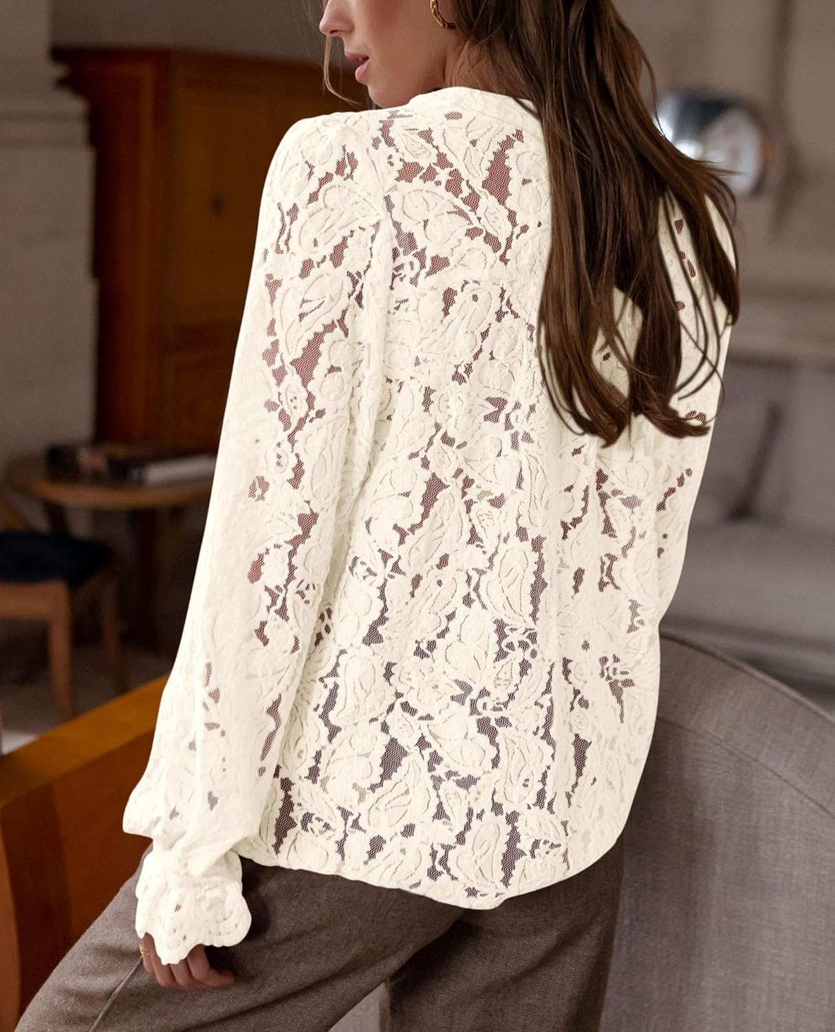 image:imagePRETTYGARDEN Womens Fall Trendy Long Sleeve Lace TopsBeige