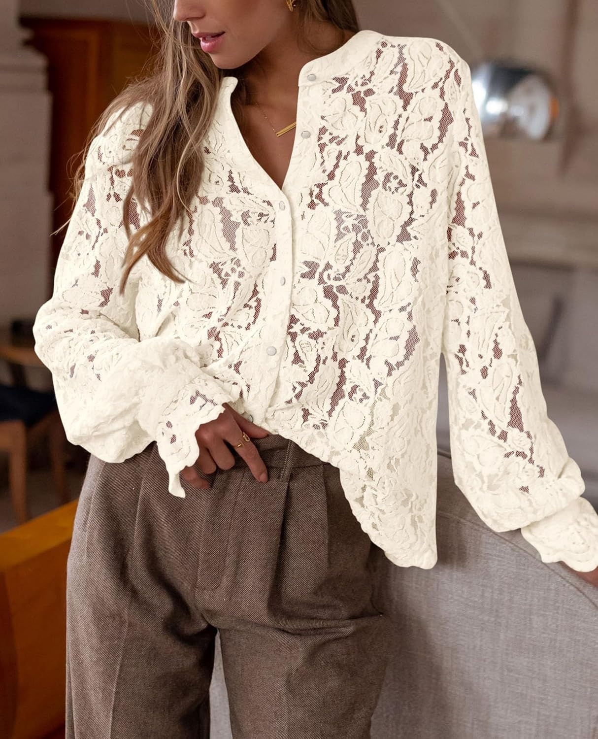 image:imagePRETTYGARDEN Womens Fall Trendy Long Sleeve Lace TopsBeige
