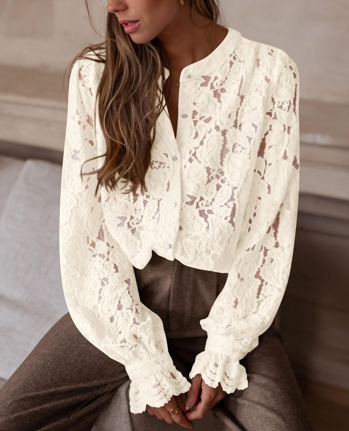 image:imagePRETTYGARDEN Womens Fall Trendy Long Sleeve Lace TopsBeige