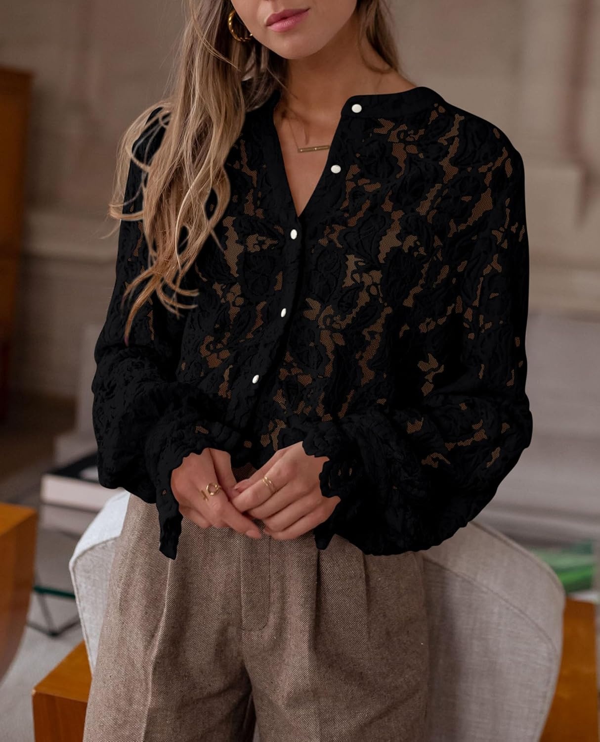 image:imagePRETTYGARDEN Womens Fall Trendy Long Sleeve Lace TopsBlack