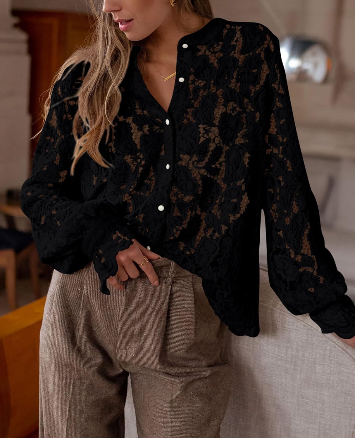image:imagePRETTYGARDEN Womens Fall Trendy Long Sleeve Lace TopsBlack