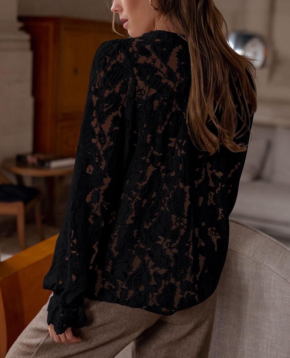 image:imagePRETTYGARDEN Womens Fall Trendy Long Sleeve Lace TopsBlack