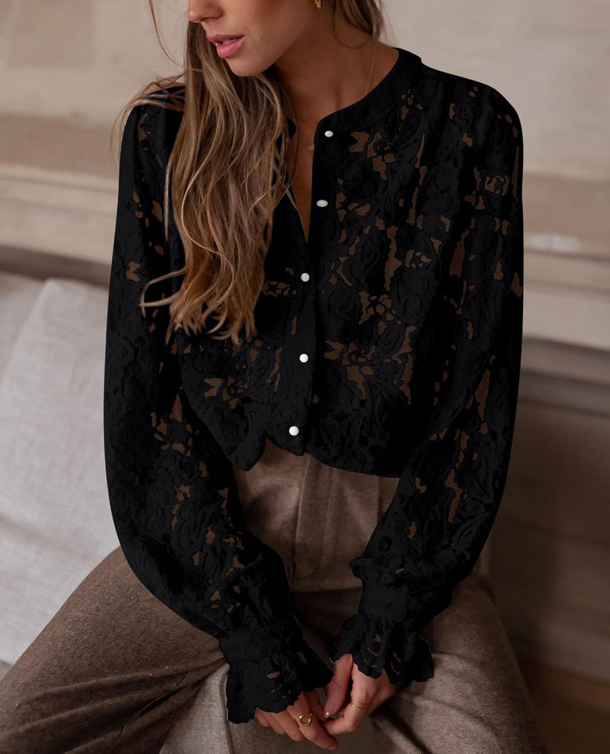image:imagePRETTYGARDEN Womens Fall Trendy Long Sleeve Lace TopsBlack