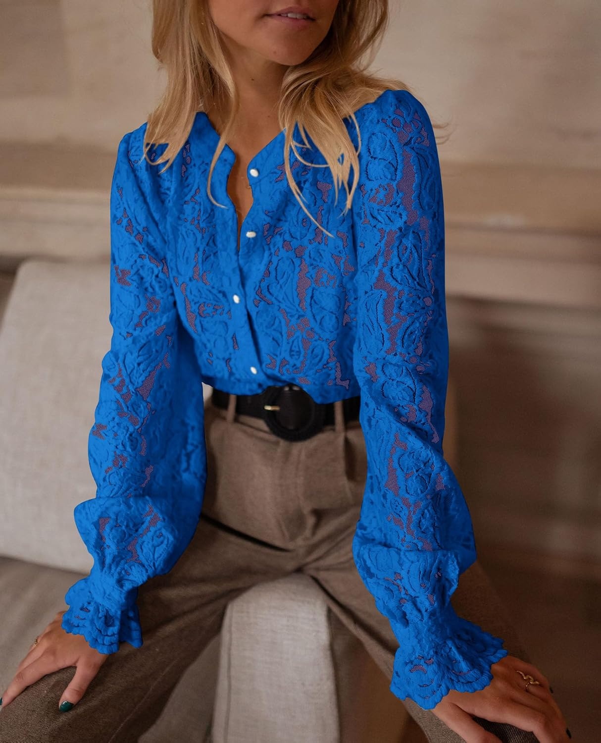 image:imagePRETTYGARDEN Womens Fall Trendy Long Sleeve Lace TopsBlue