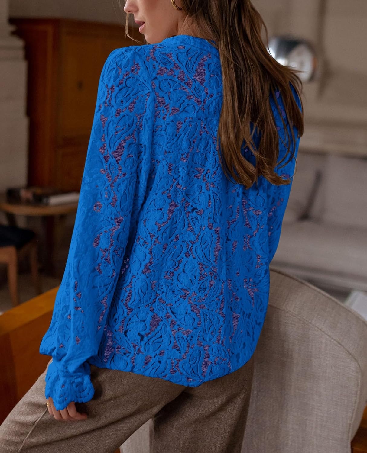 image:imagePRETTYGARDEN Womens Fall Trendy Long Sleeve Lace TopsBlue