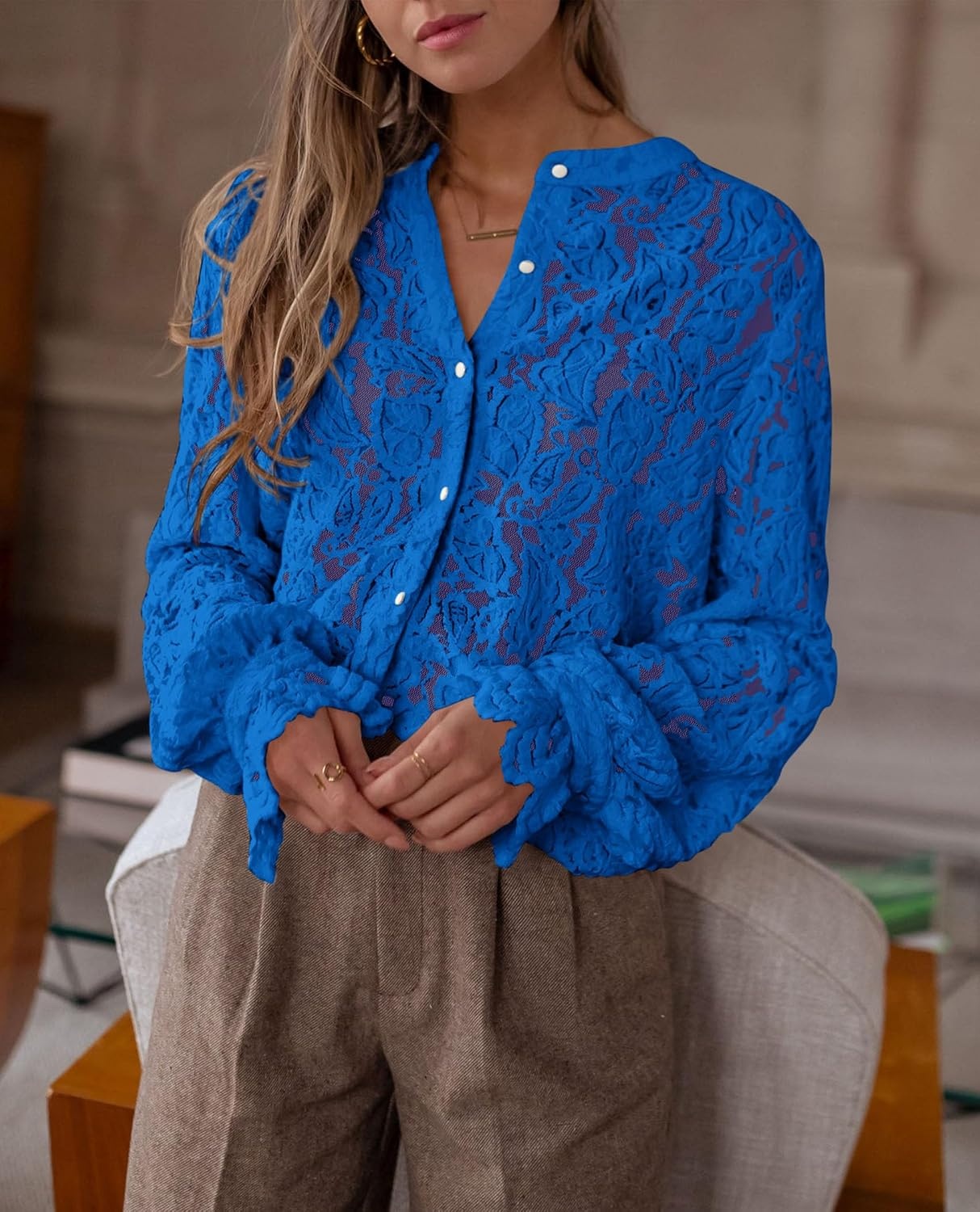 image:imagePRETTYGARDEN Womens Fall Trendy Long Sleeve Lace TopsBlue