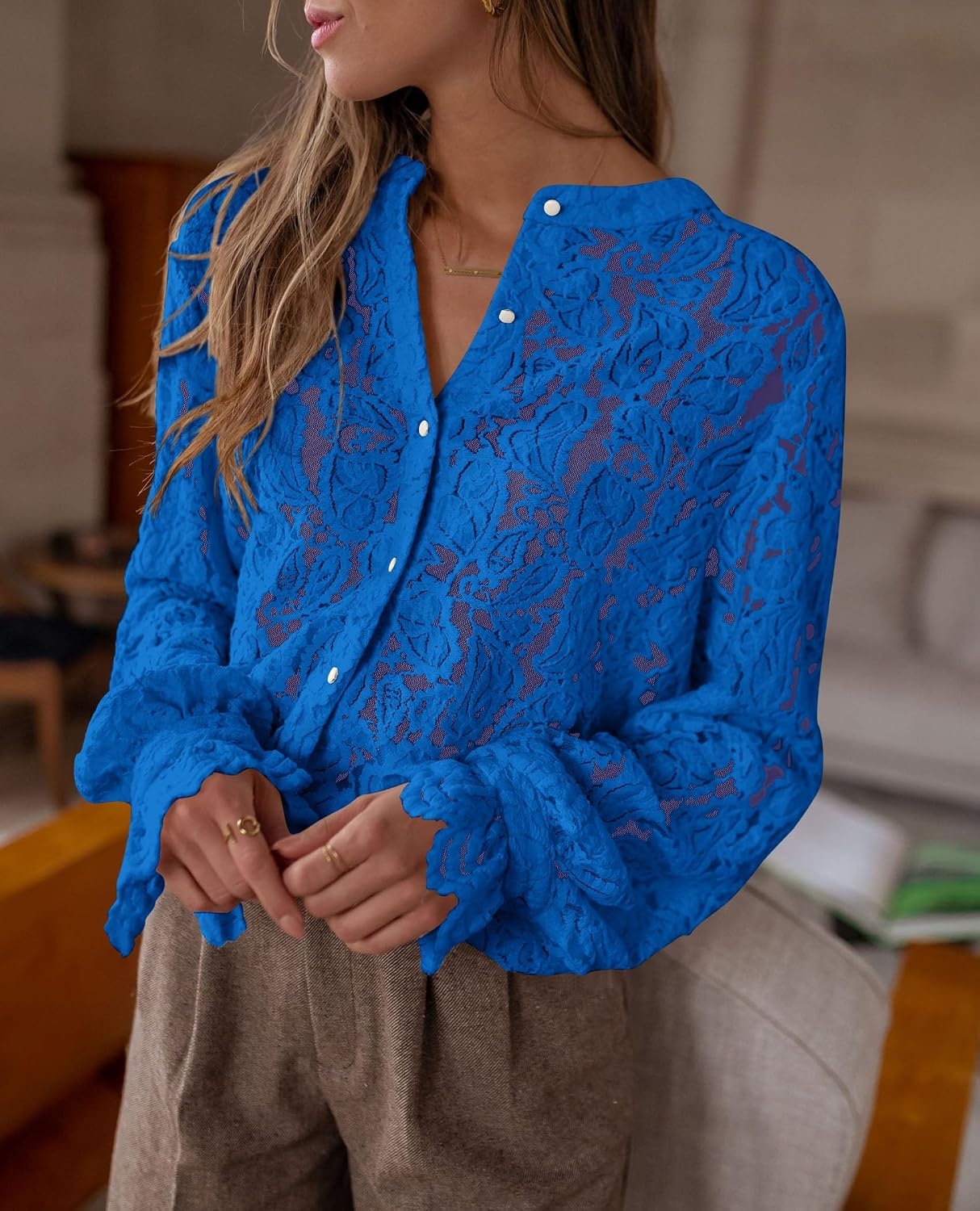 image:imagePRETTYGARDEN Womens Fall Trendy Long Sleeve Lace TopsBlue
