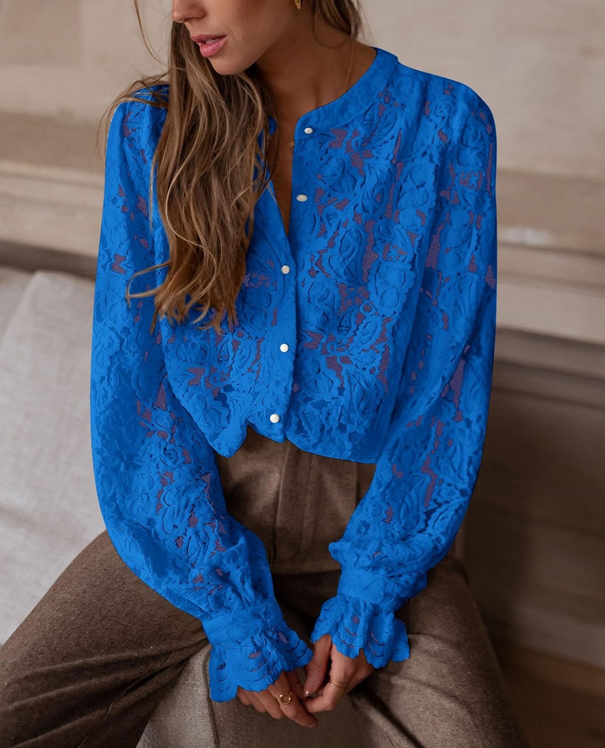 image:imagePRETTYGARDEN Womens Fall Trendy Long Sleeve Lace TopsBlue