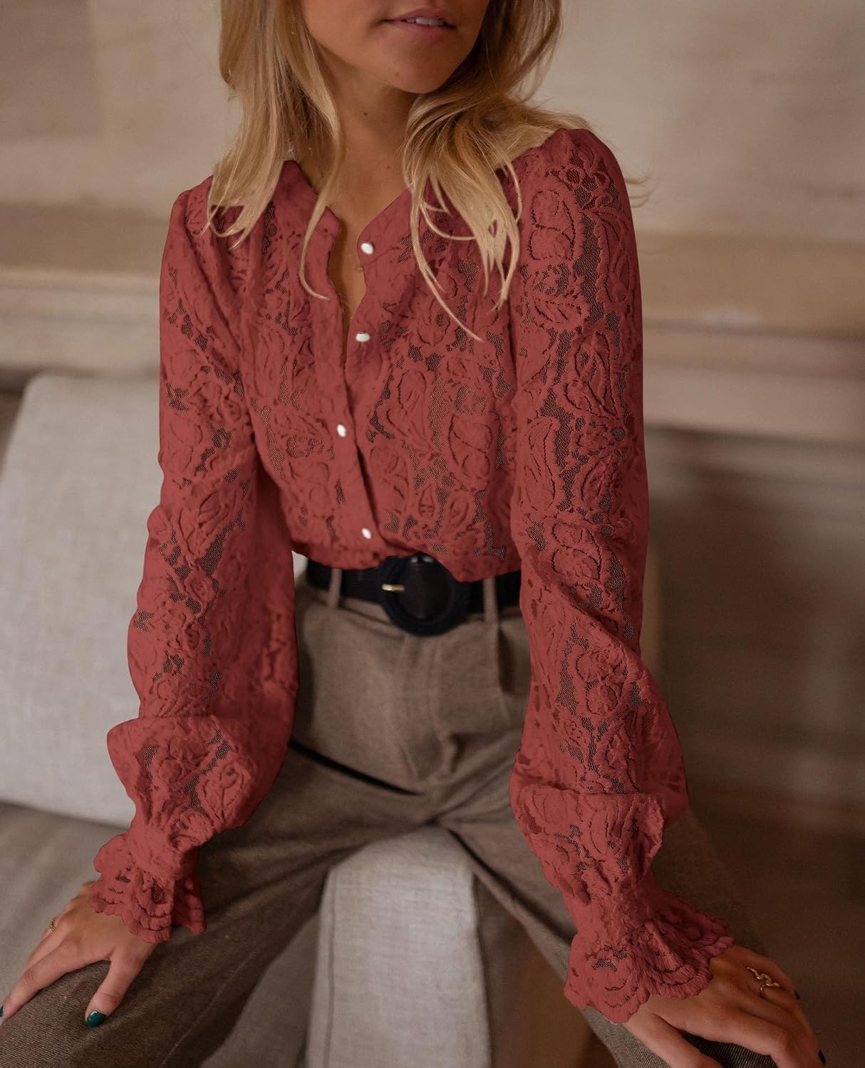image:imagePRETTYGARDEN Womens Fall Trendy Long Sleeve Lace TopsBrown Red