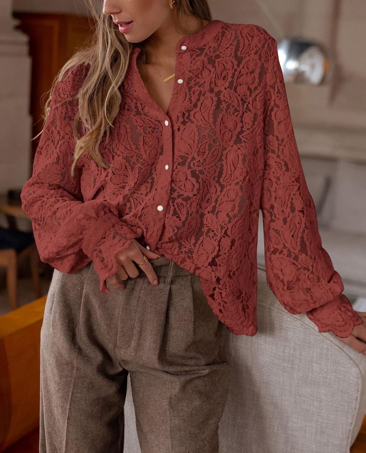 image:imagePRETTYGARDEN Womens Fall Trendy Long Sleeve Lace TopsBrown Red