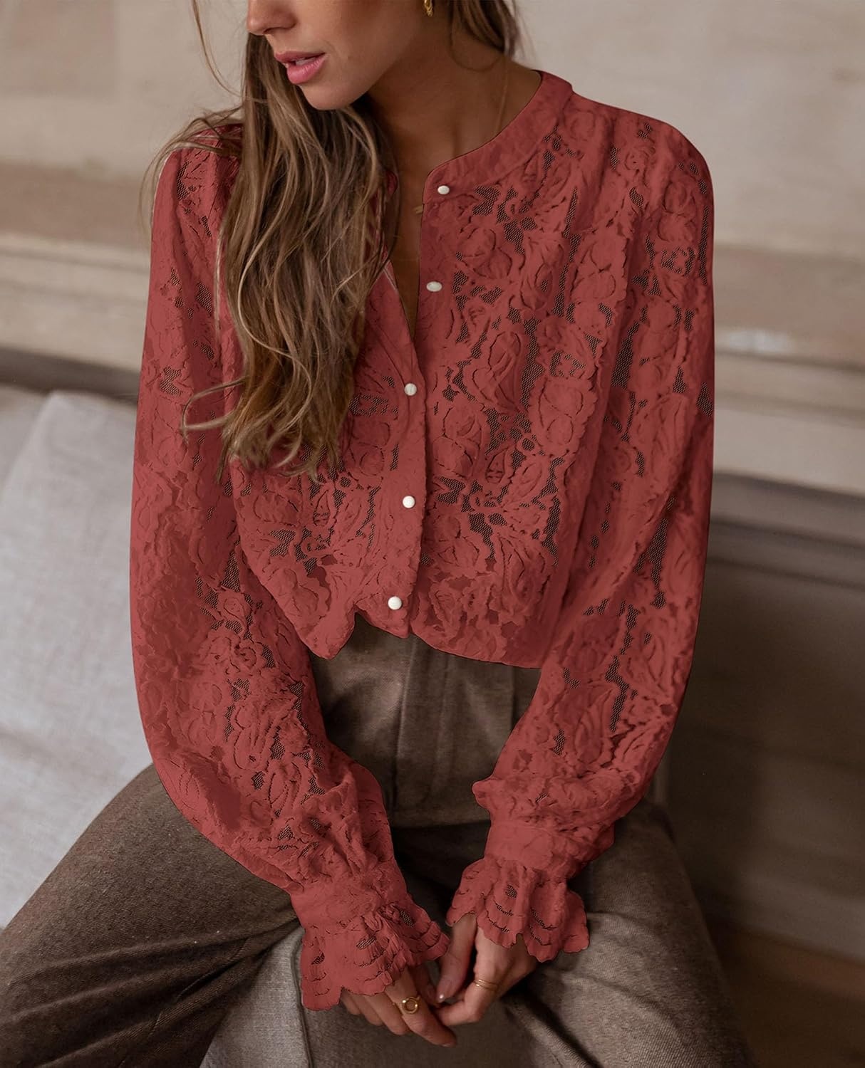 image:imagePRETTYGARDEN Womens Fall Trendy Long Sleeve Lace TopsBrown Red