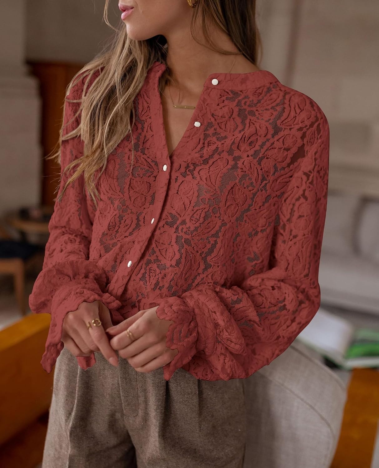 image:imagePRETTYGARDEN Womens Fall Trendy Long Sleeve Lace TopsBrown Red