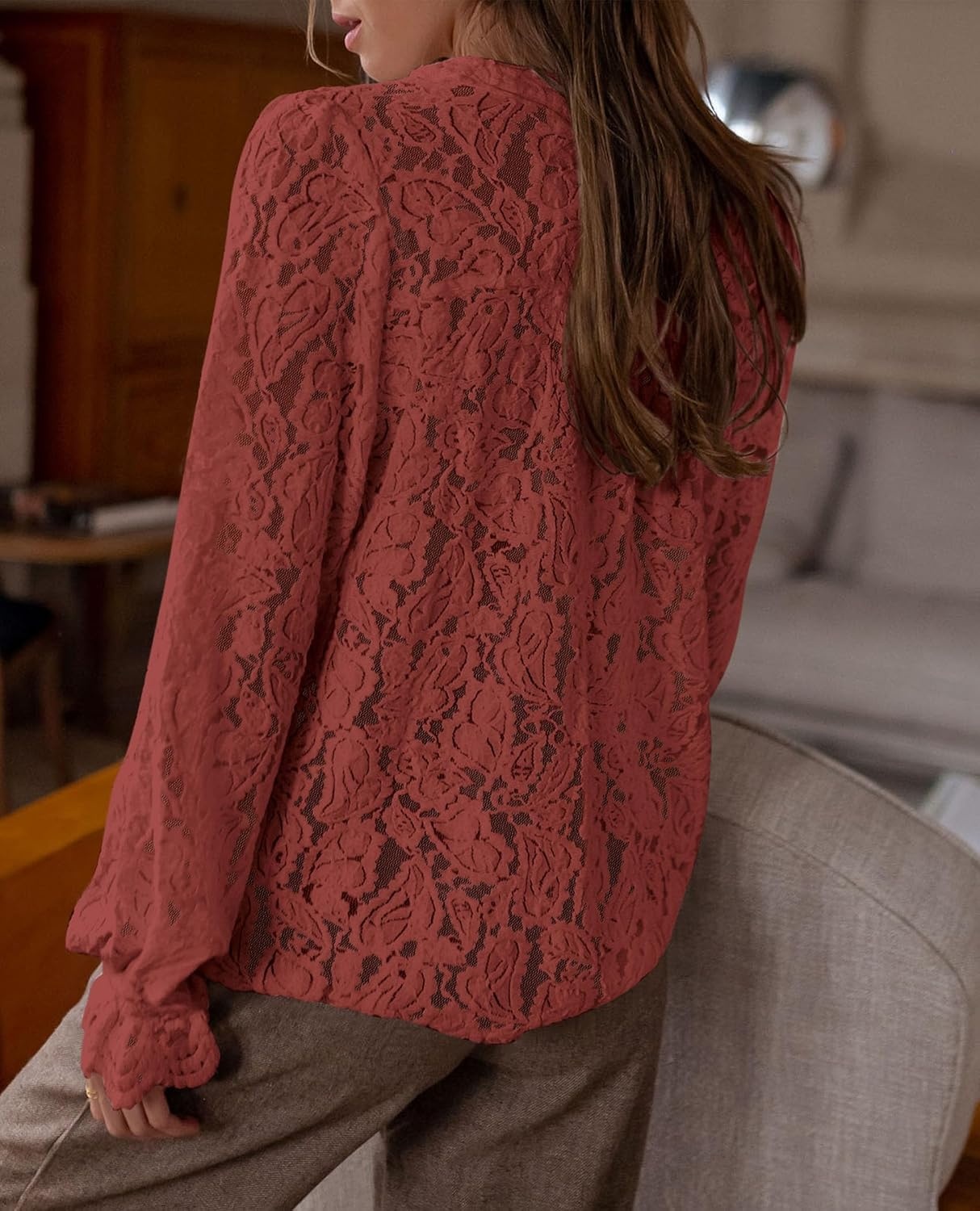image:imagePRETTYGARDEN Womens Fall Trendy Long Sleeve Lace TopsBrown Red