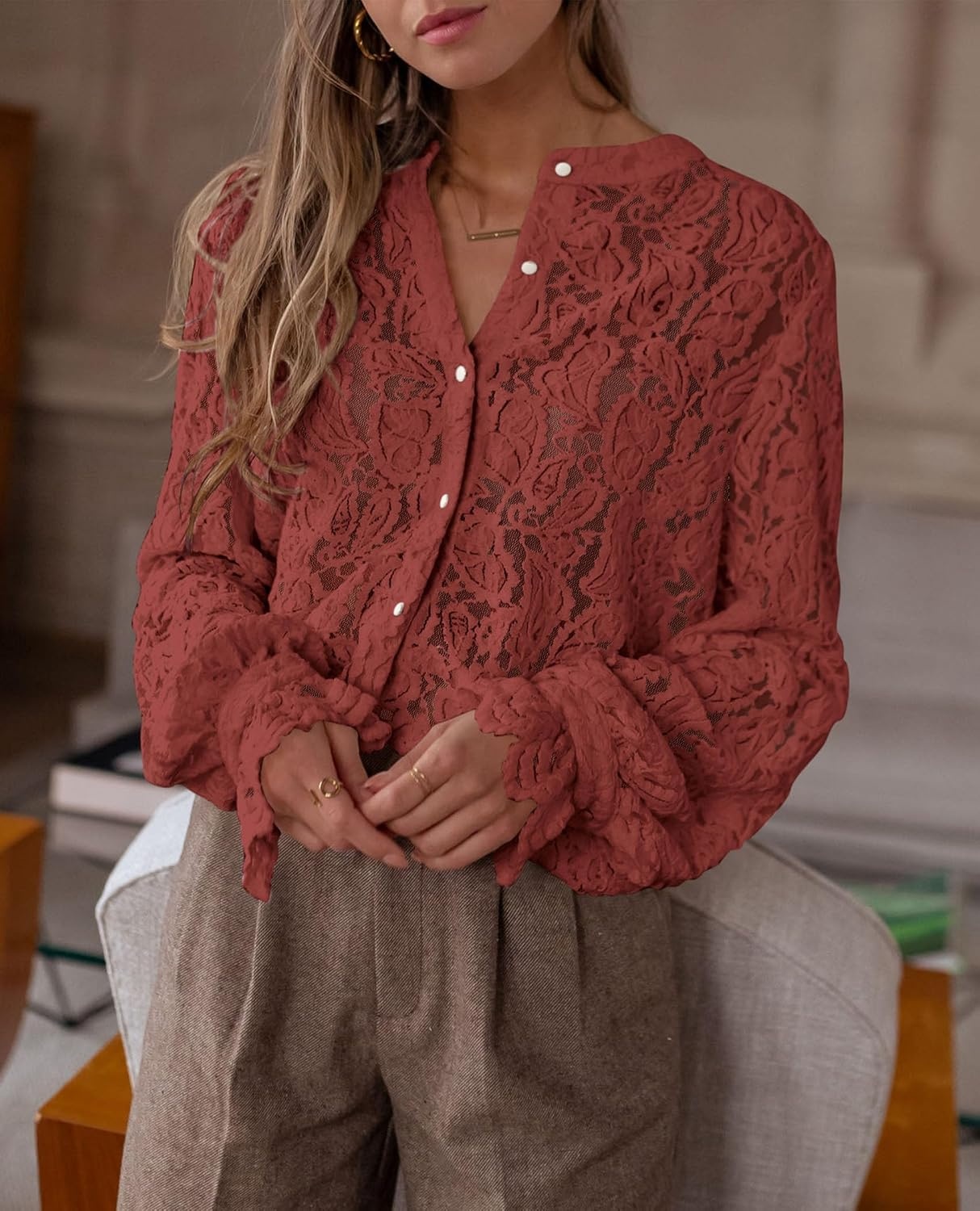image:imagePRETTYGARDEN Womens Fall Trendy Long Sleeve Lace TopsBrown Red